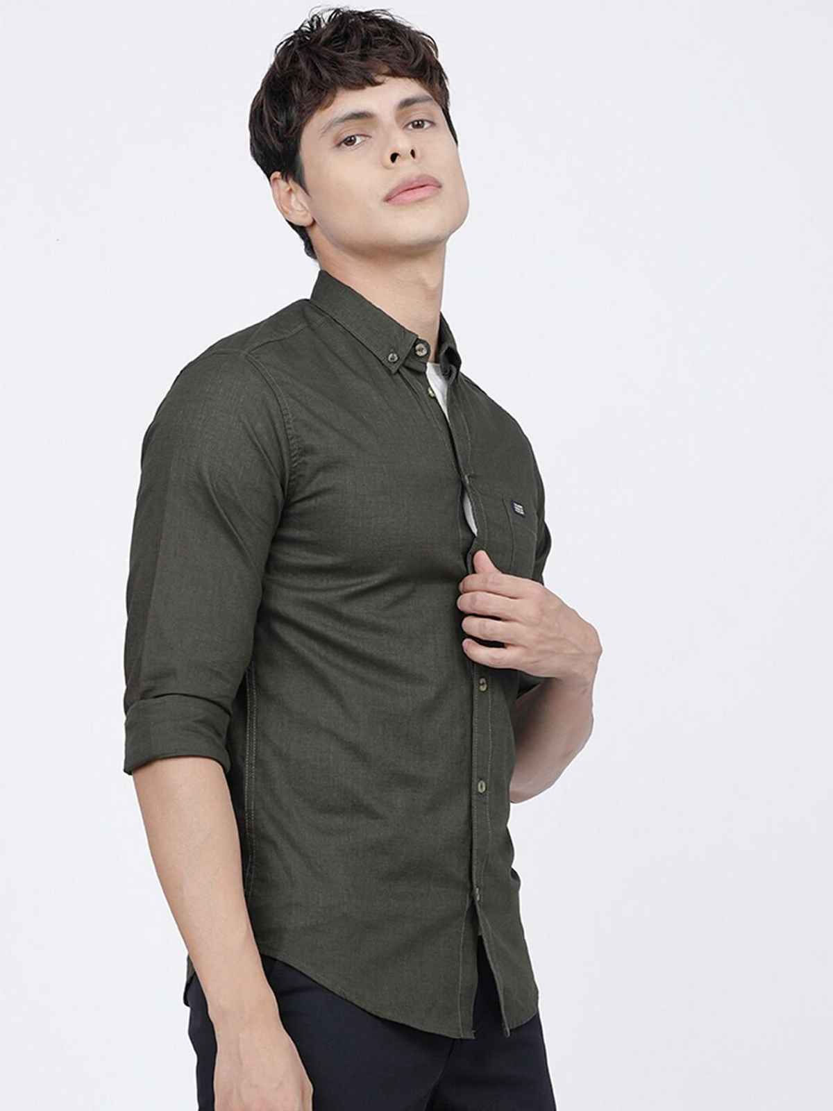 The Indian Garage Co Men's Slim Fit Solid Casual Shirt | Olive - XL