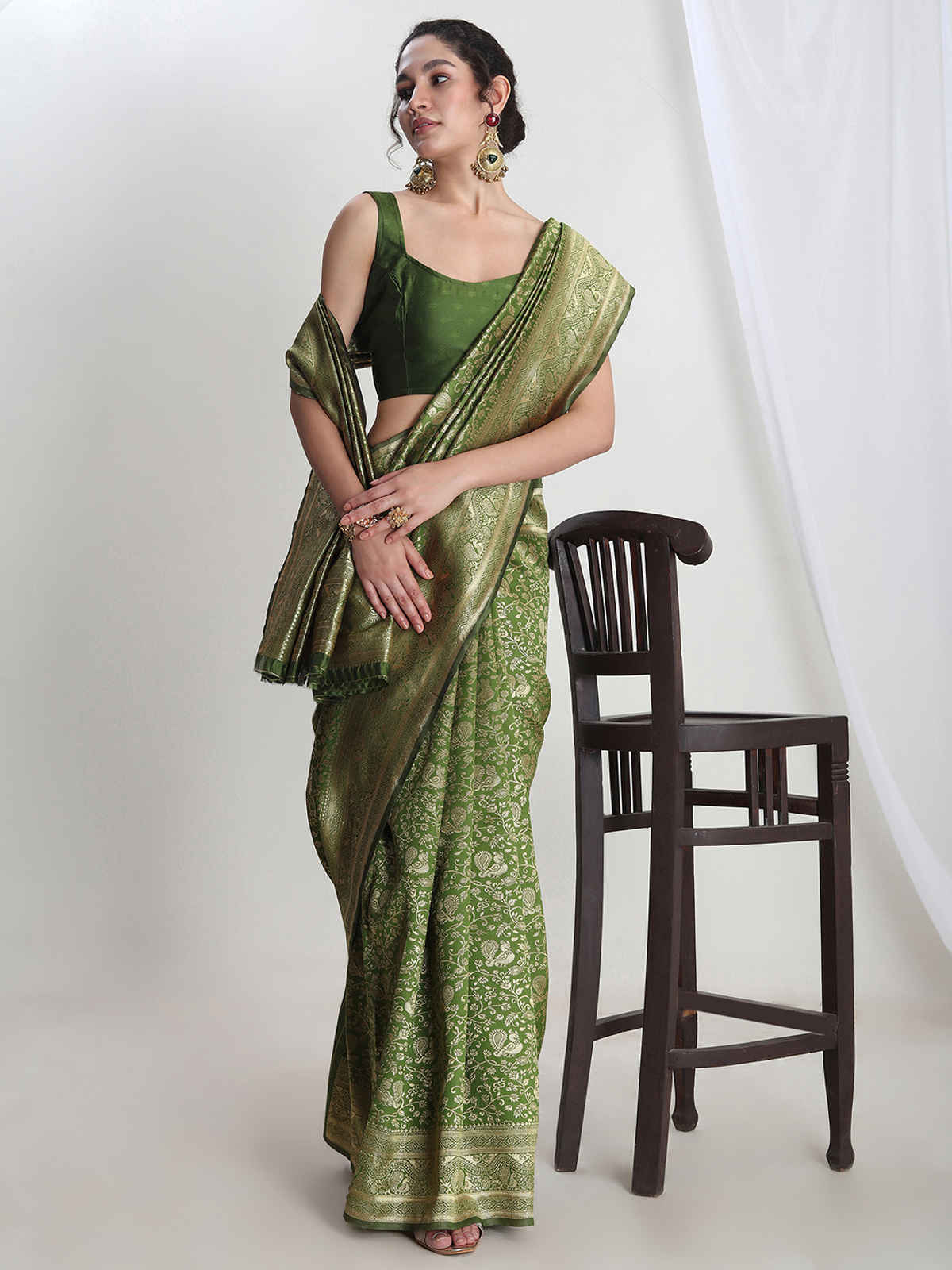Janasya Women's Silk Blend Floral Woven Design Jacquard Saree with Blouse Piece | SAR656 | Green