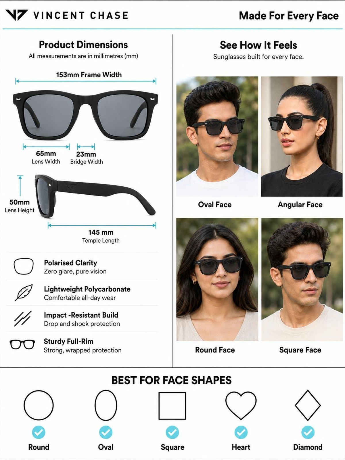 Vincent Chase By Lenskart Unisex Polycarbonate Wayfarer Sunglasses | Black - L