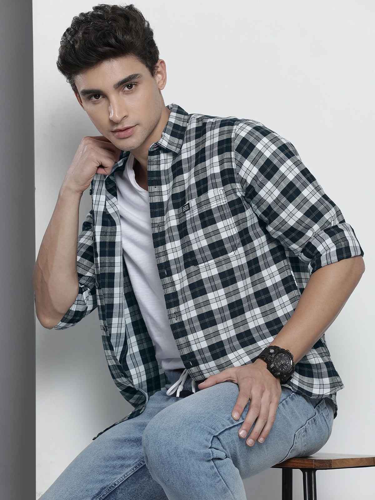 The Indian Garage Co Men's Slim Fit Checked Casual Shirt | Navy Blue - M
