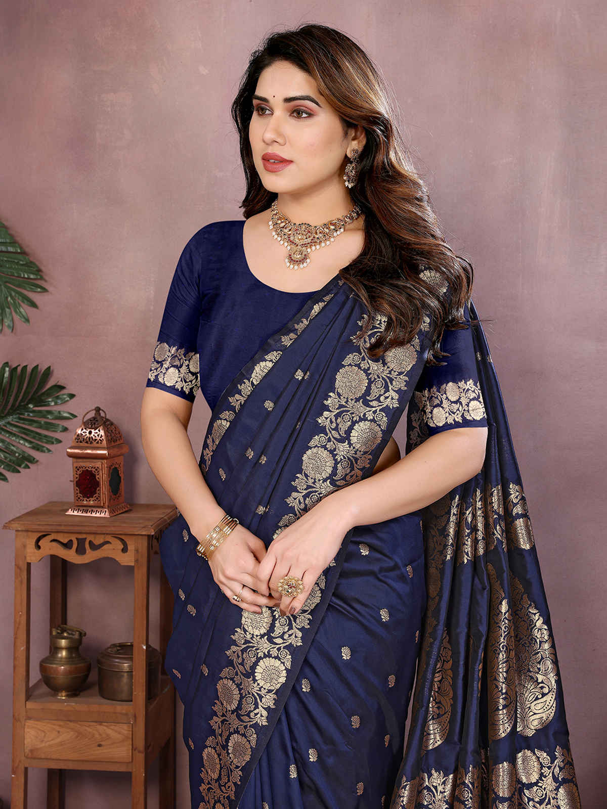 Hema Silk Mills Women Woven Two-Tone Banarasi Silk Blend Saree | Navy Blue