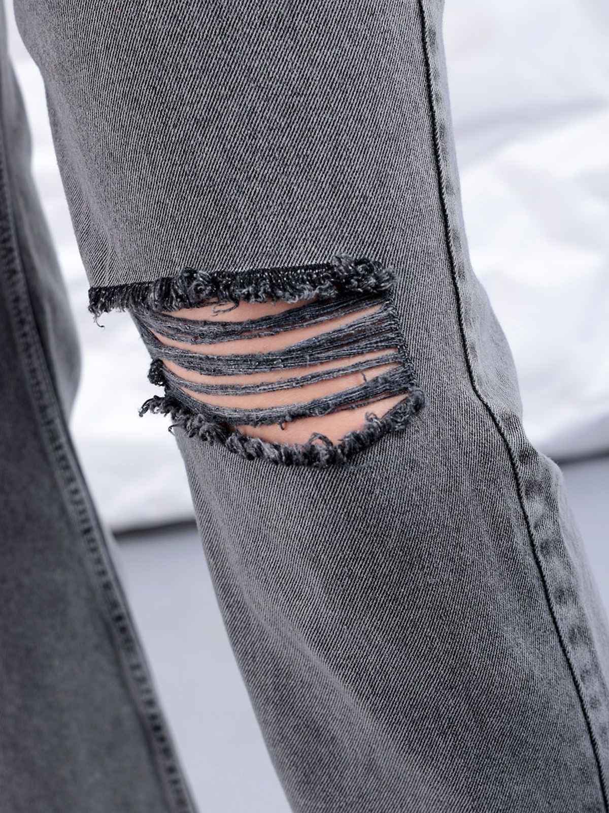 Freehand Women's High Rise Raw Edge Straight Fit Ankle Length Distressed Jeans | Grey - 28