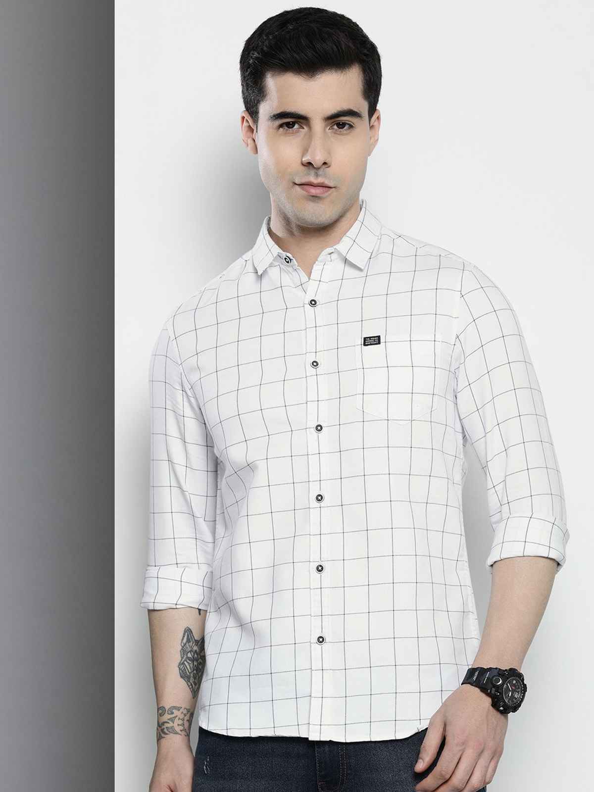 The Indian Garage Co Men | Regular Fit Checked Casual Shirt | White | XL
