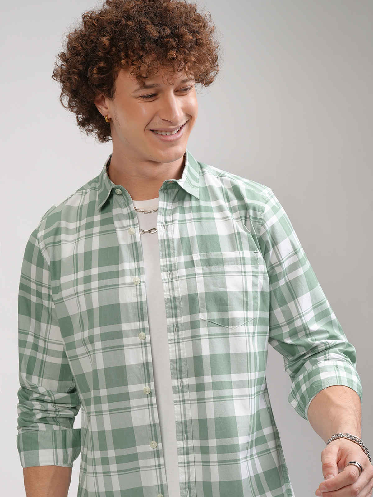 Highlander Men's Dusty Checked Slim Fit Shirt| Dusty Green & White - L