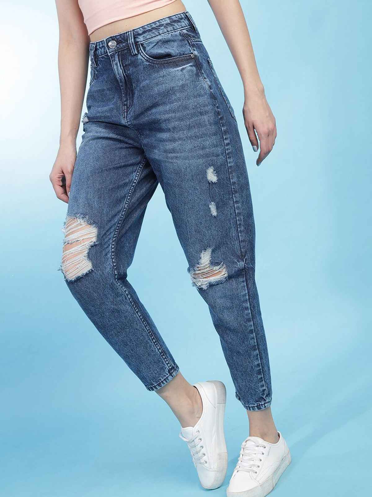 Freehand Women's Mid - Rise Distressed Mom Fit Jeans | Blue - 28