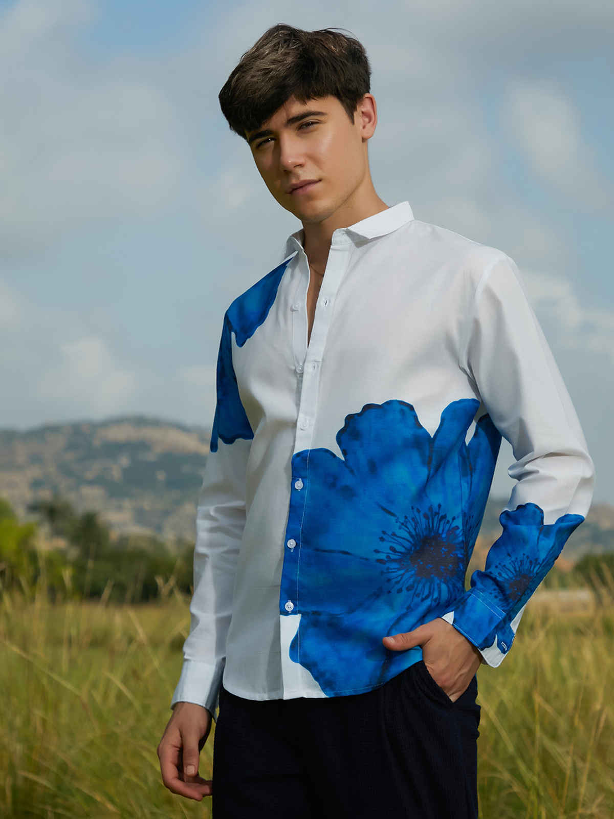Campus Sutra Men's Primrose Flora Shirt | Royal Blue - L