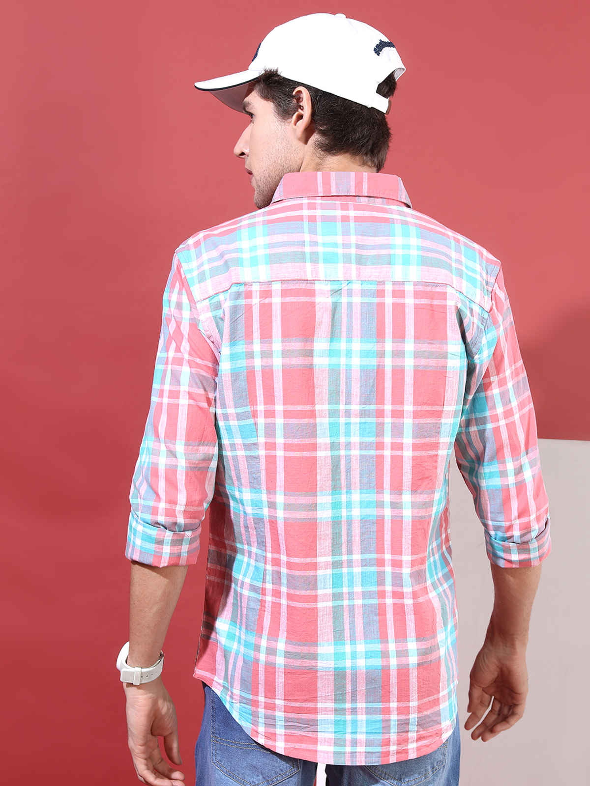 Highlander Men's Slim Fit Checked Casual Shirt - Coral and White | XL