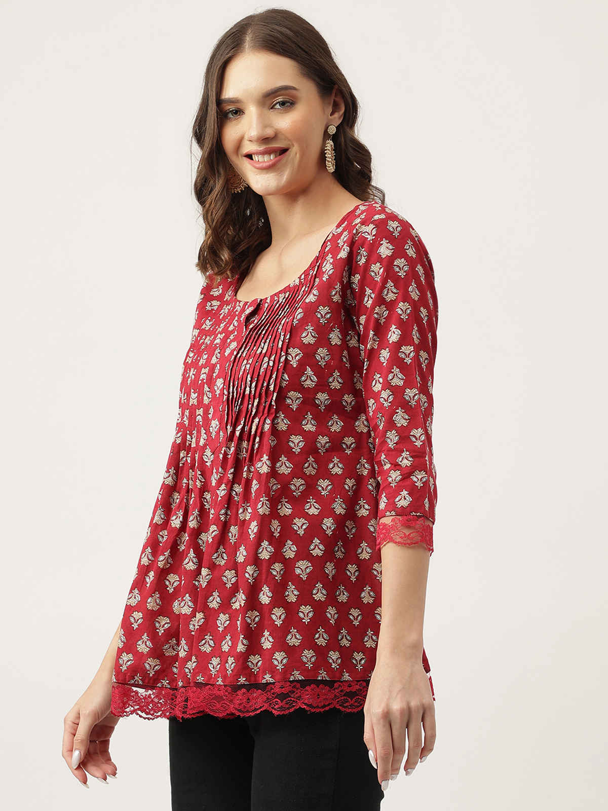 Divena Women s Red Floral Printed Cotton Peplum Tunic DK0966 | L