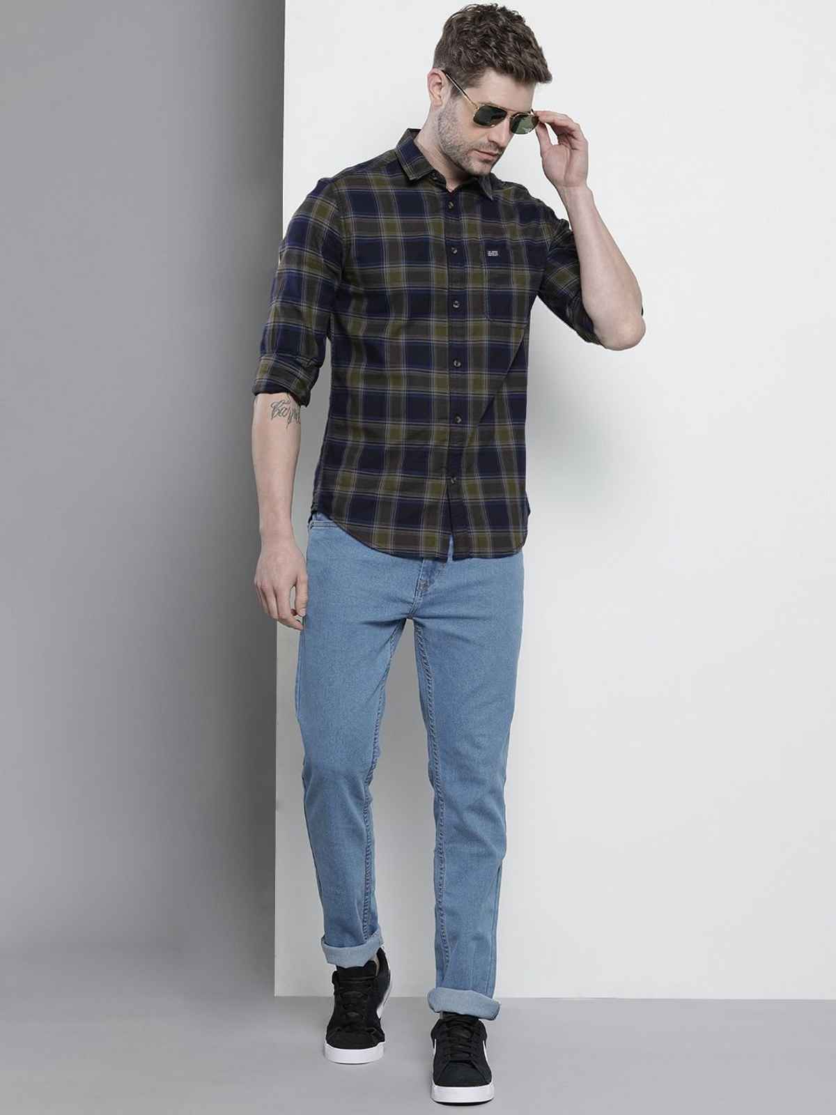 The Indian Garage Co Men's Slim Fit Checkered Casual Shirt | Navy Blue & Green - L