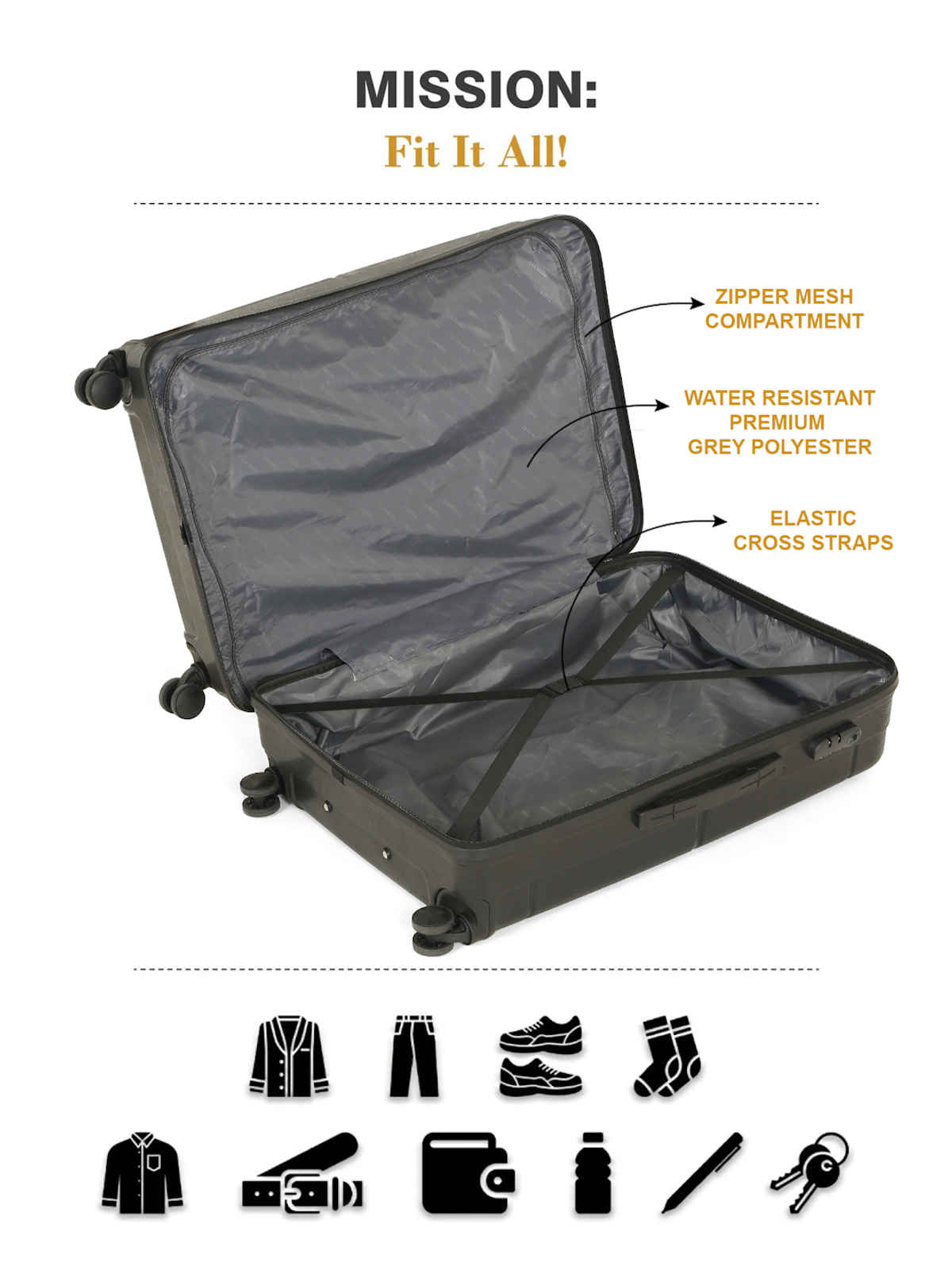 Teakwood Textured PP 48 L Telescopic Hard Luggage | Black - 55 cm