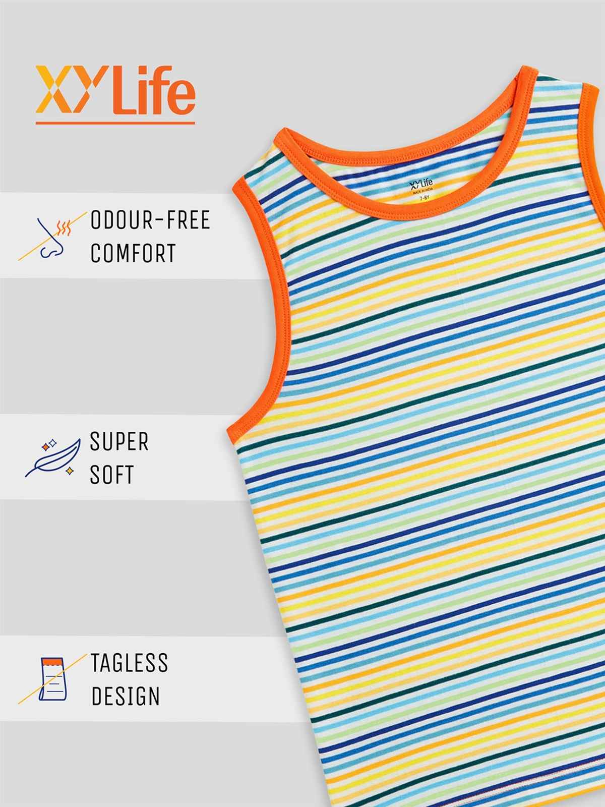 XY Life Kids Outer Vest for Boys, Antimicrobial Finish - Multi Stripes | 7-8Y | Pack Of 2