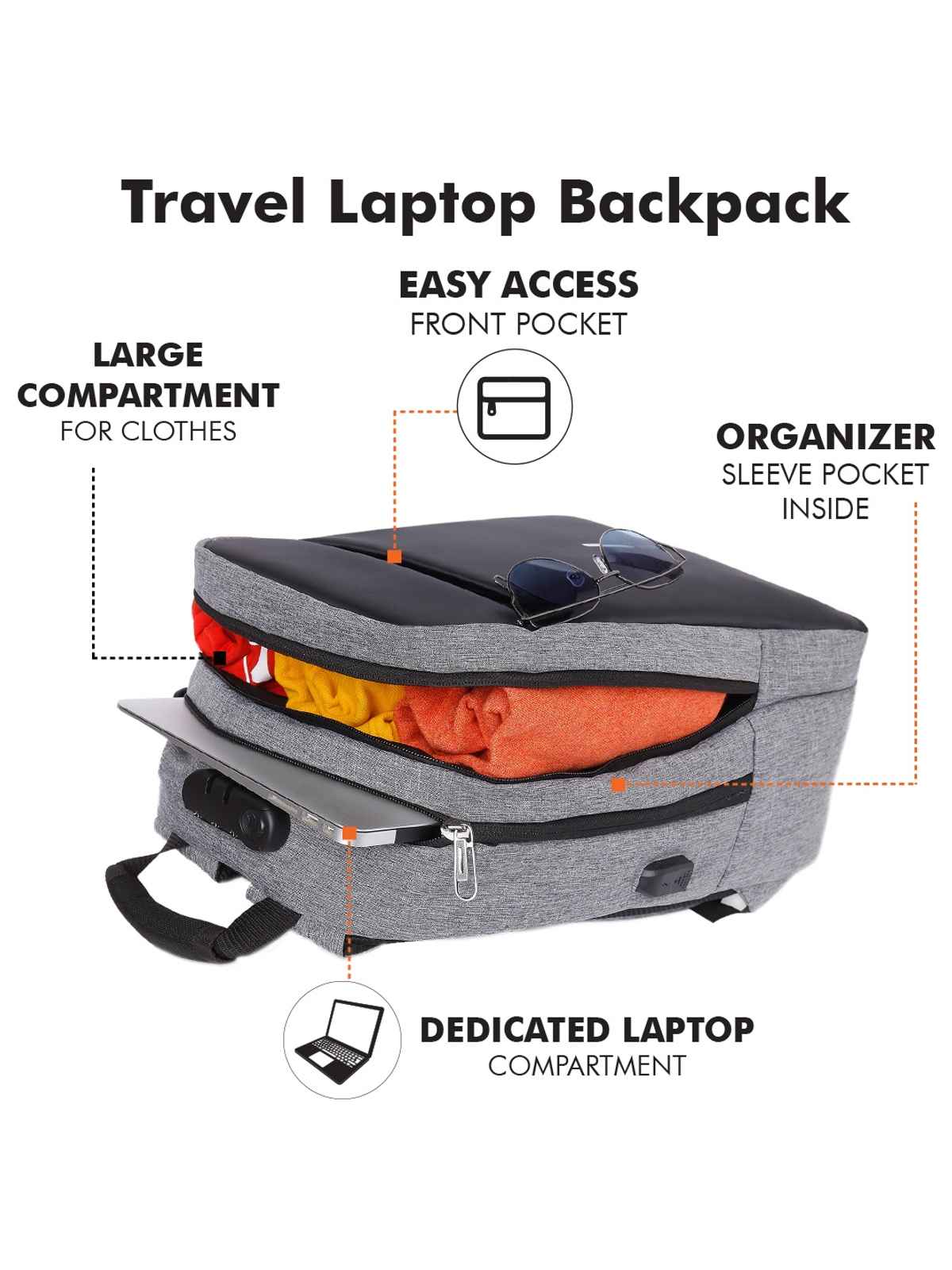 Fur Jaden 24 L Grey Anti-Theft Backpack with USB Port and Number Lock | Padded Laptop Compartment