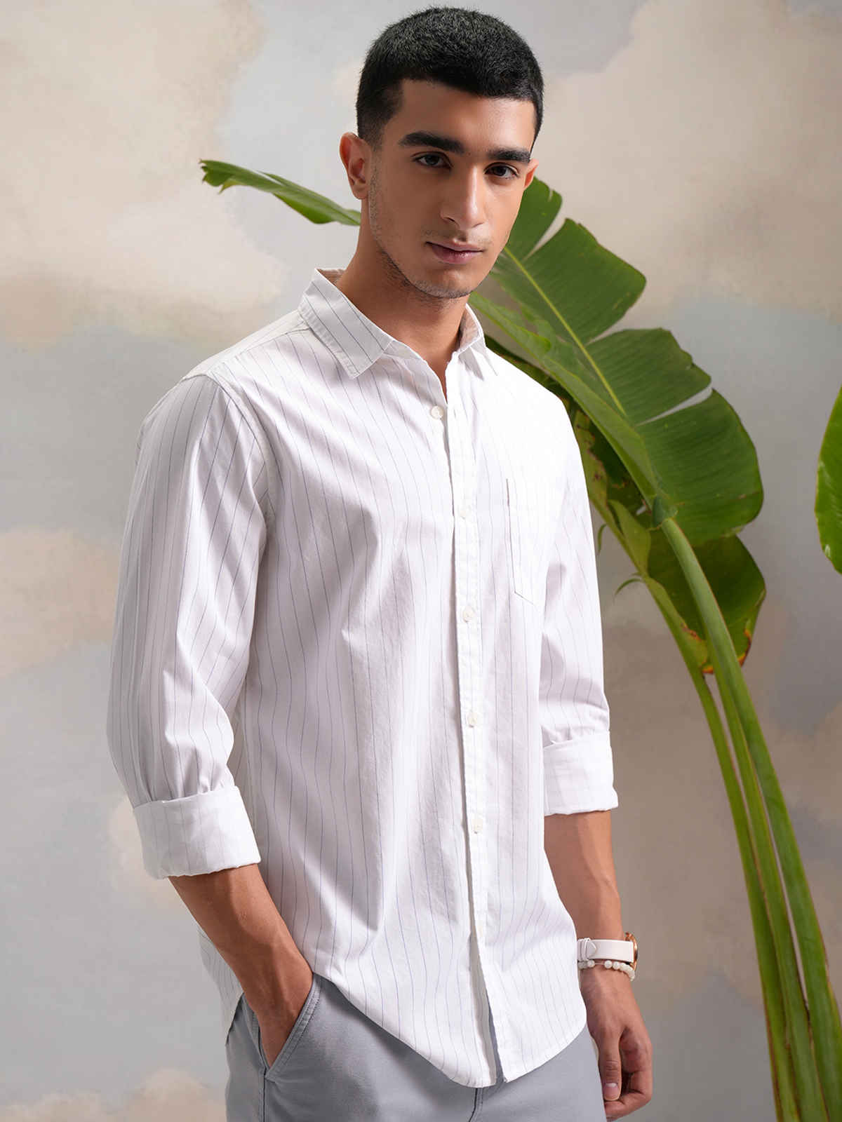 Highlander Men's Classic Slim Fit Vertical Striped Spread Collar Cotton Shirt | White & Indigo - S