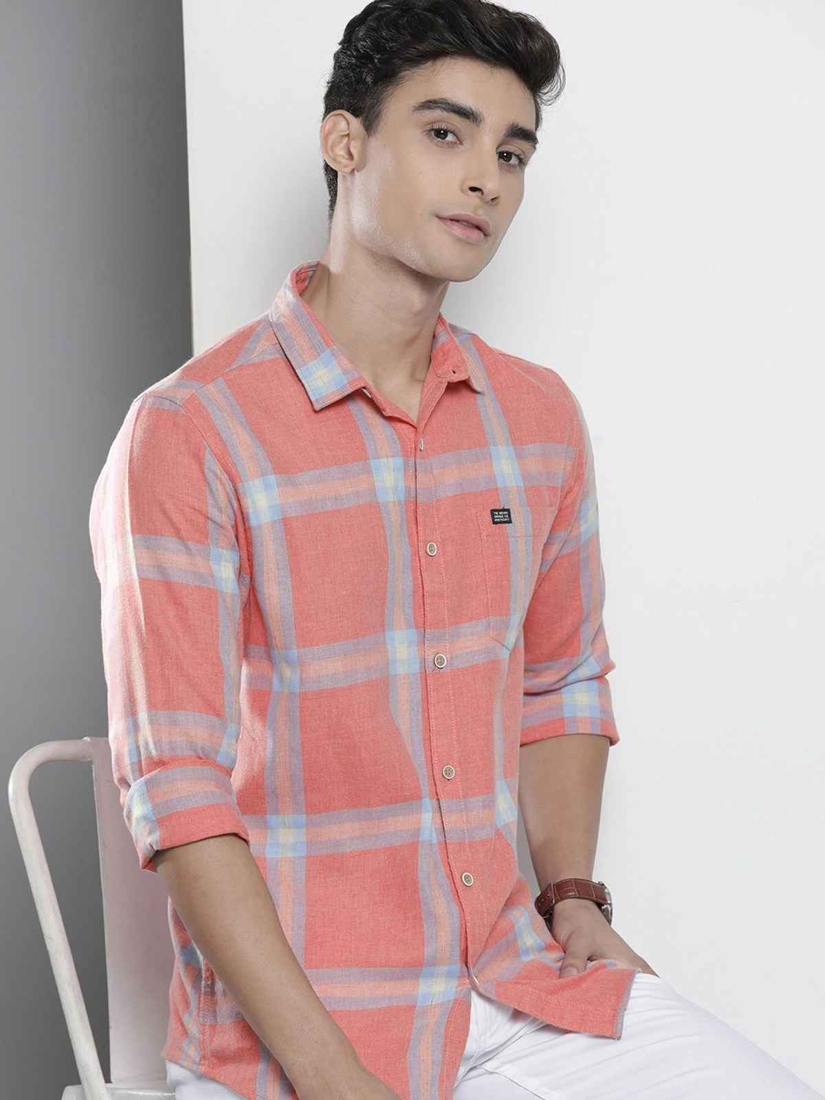 The Indian Garage Co Men's Regular Fit Checked Casual Shirt | Coral - XL