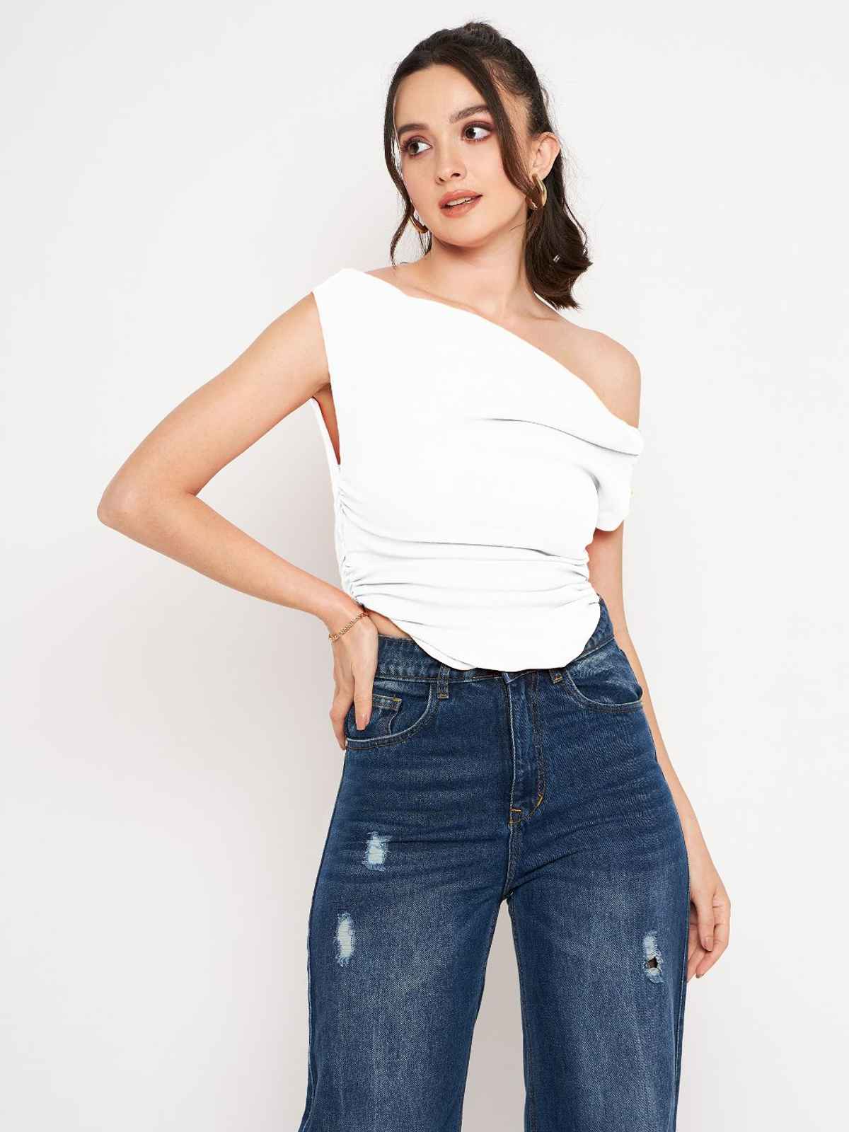 Uptownie Women's Cotton Stretchable Draped Crop Top | 120018469 | White | S