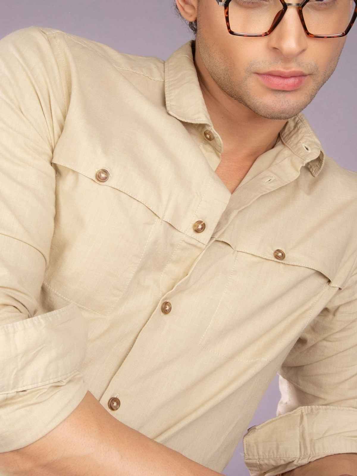 The Indian Garage Co Men's Slim Fit Solid Casual Shirt | Beige - S