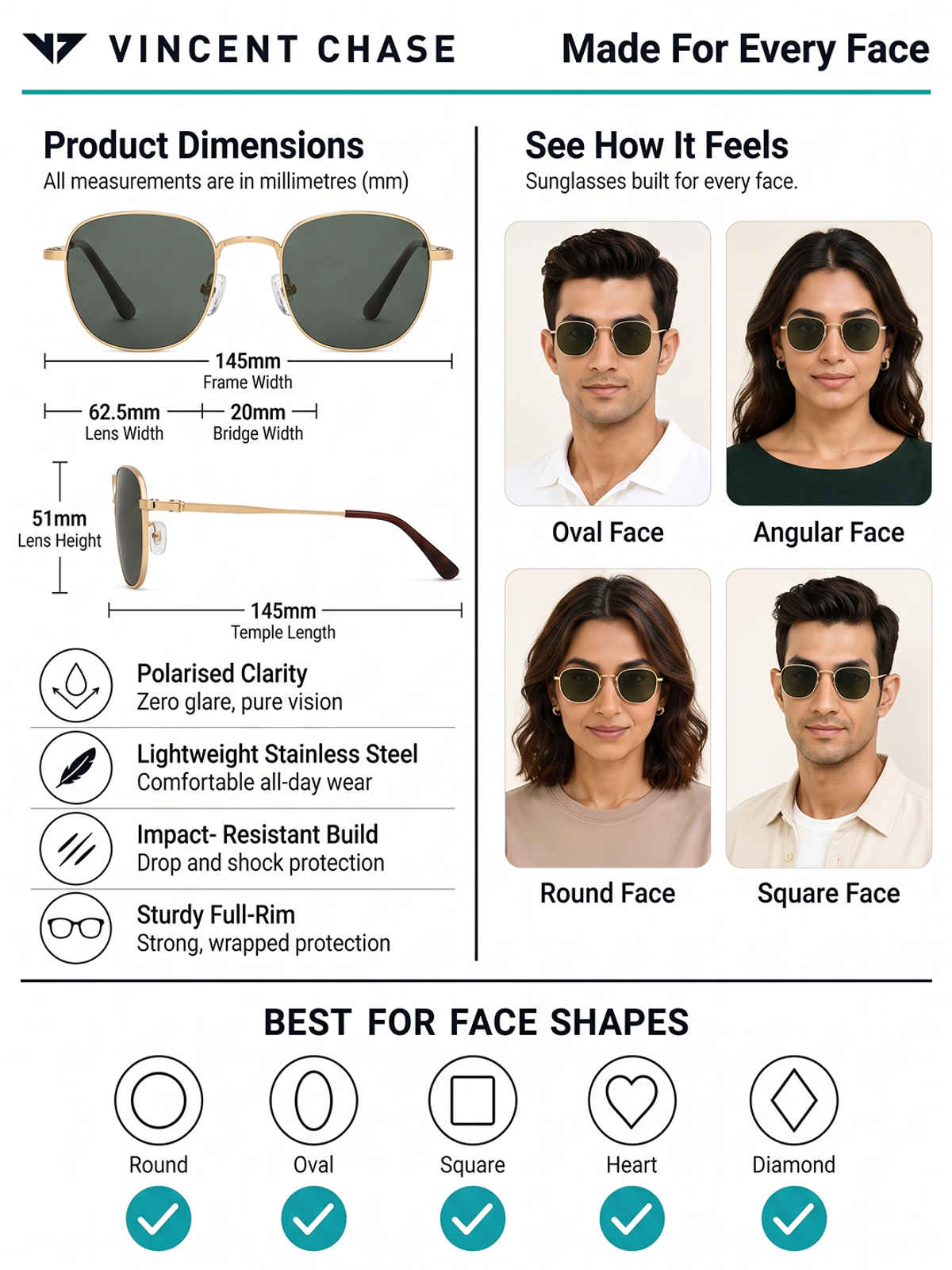 Vincent Chase By Lenskart Unisex Solid Metal Round Sunglasses | Gold - M