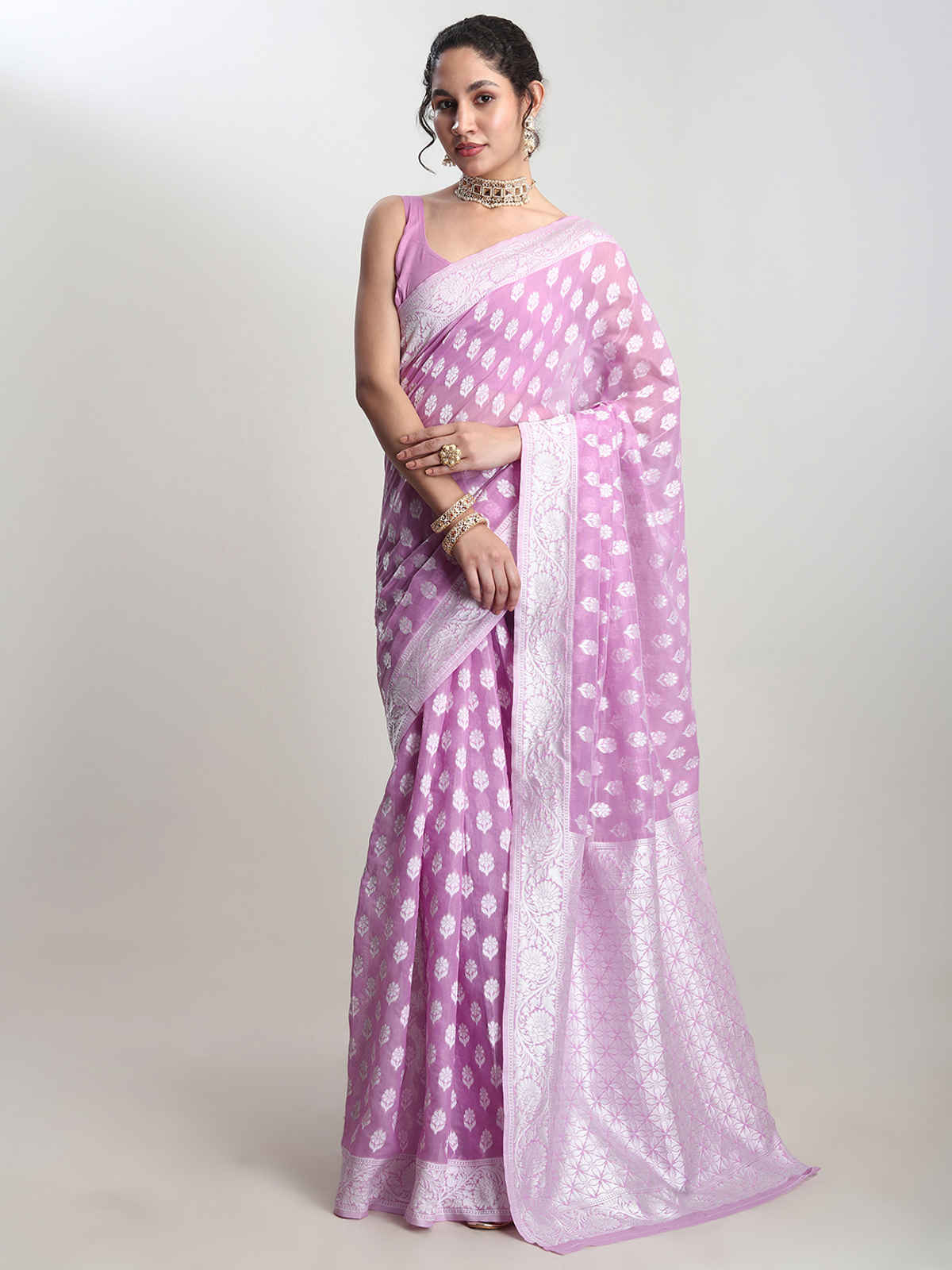 Janasya Women's Silk Blend Floral Woven Design Jacquard Saree with Blouse Piece | SAR631 | Lavender