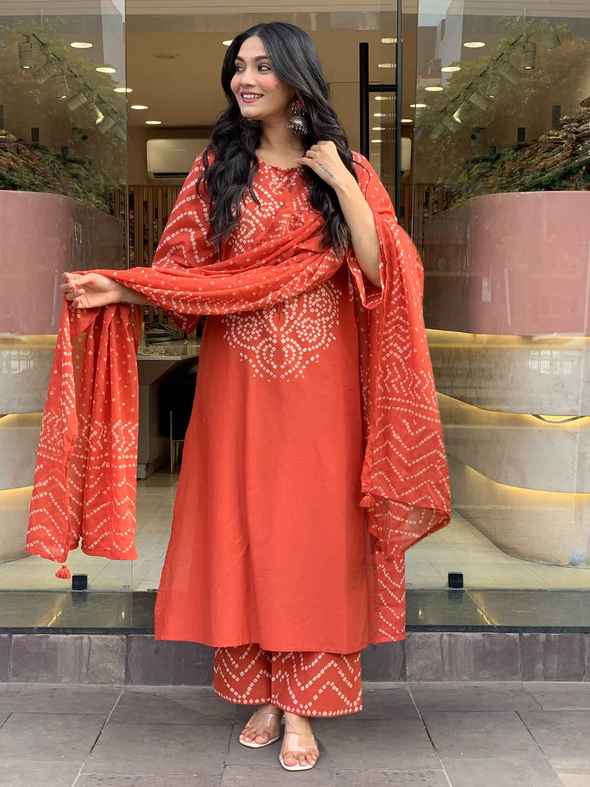 GoSriKi Women's Rayon Blend Printed Straight Kurta Set With Dupatta | ORANGE | L