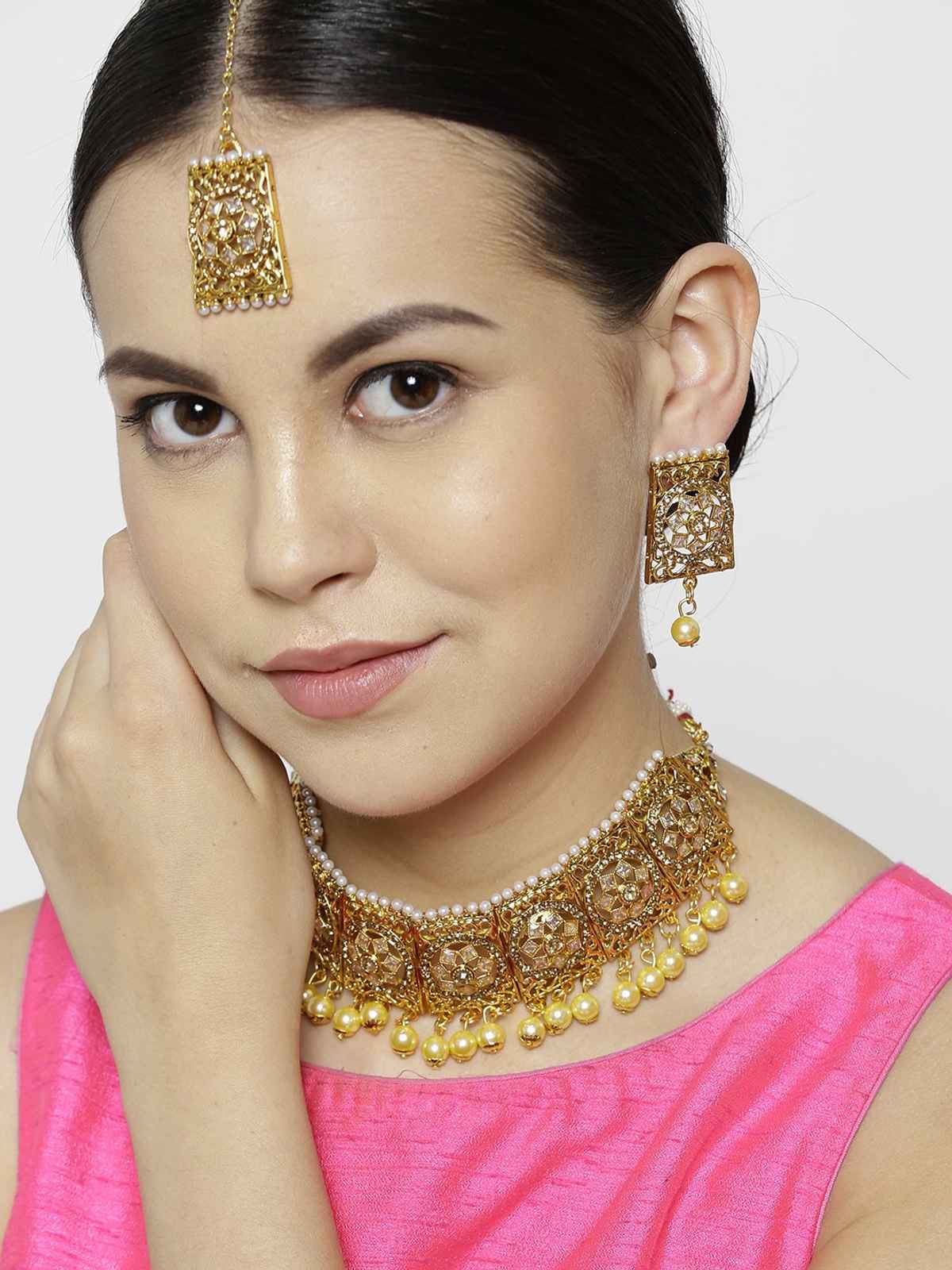 Priyaasi Gold-Plated Stones Studded Choker Set With Mangtika