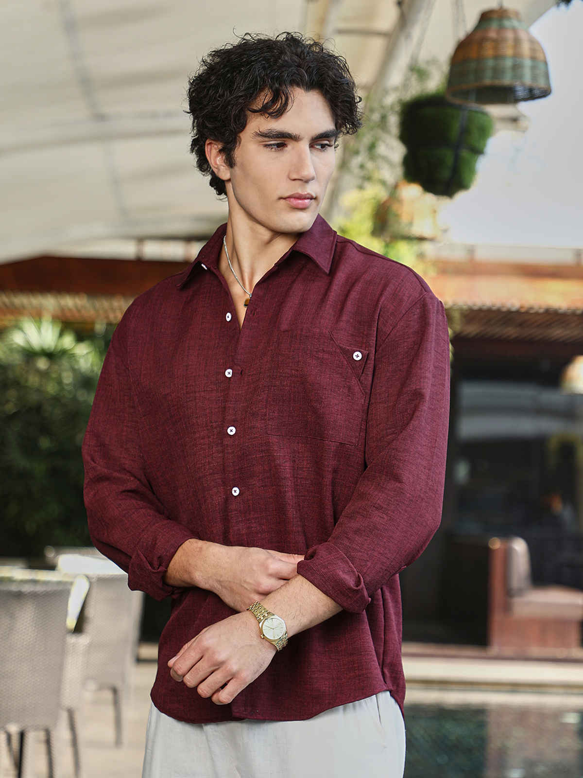 Campus Sutra Men's Modular Solid Oversized Shirt | Wine Red - M