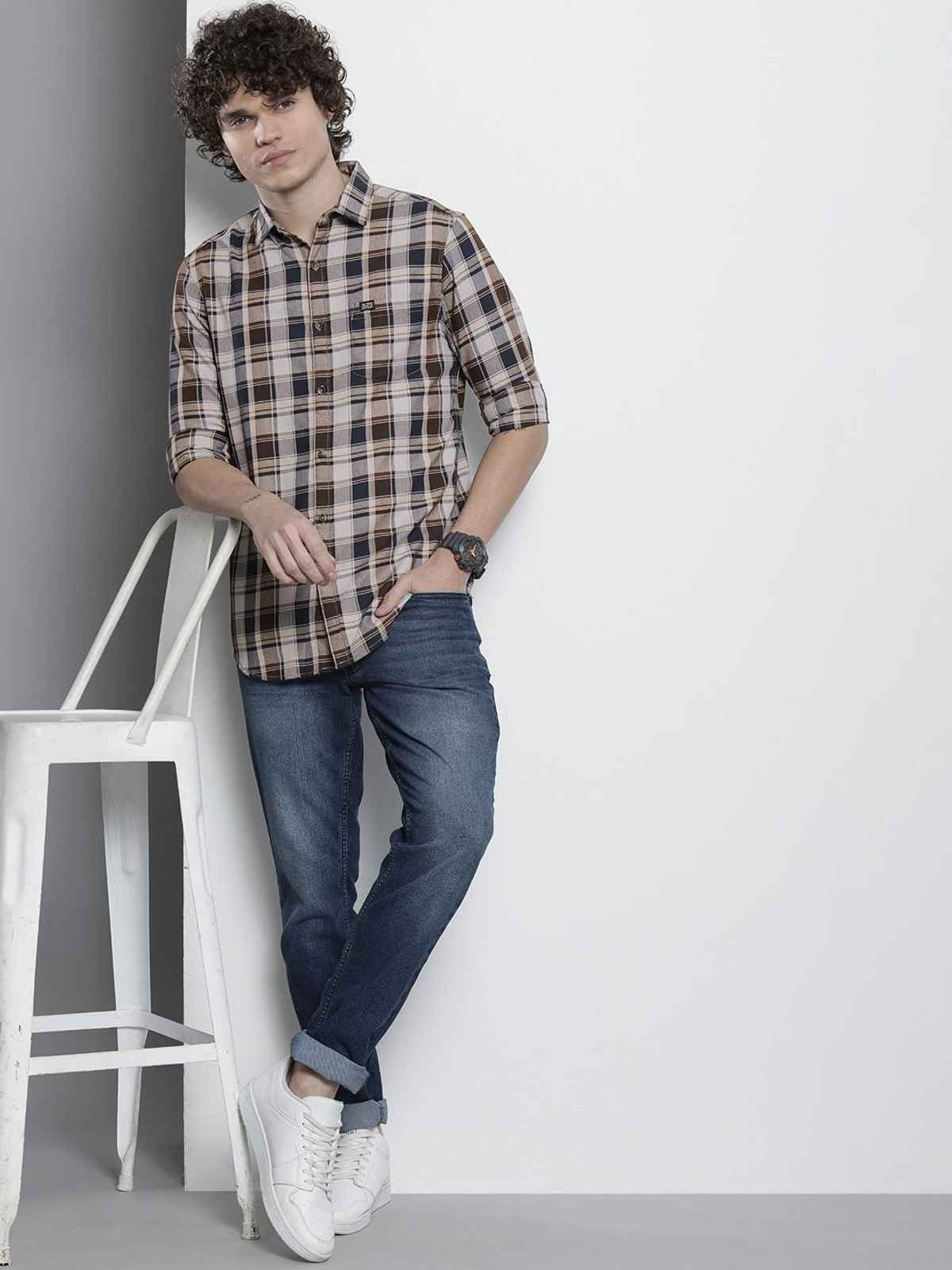 The Indian Garage Co Men's Regular Fit Checkered Casual Shirt | Multicolour - XL