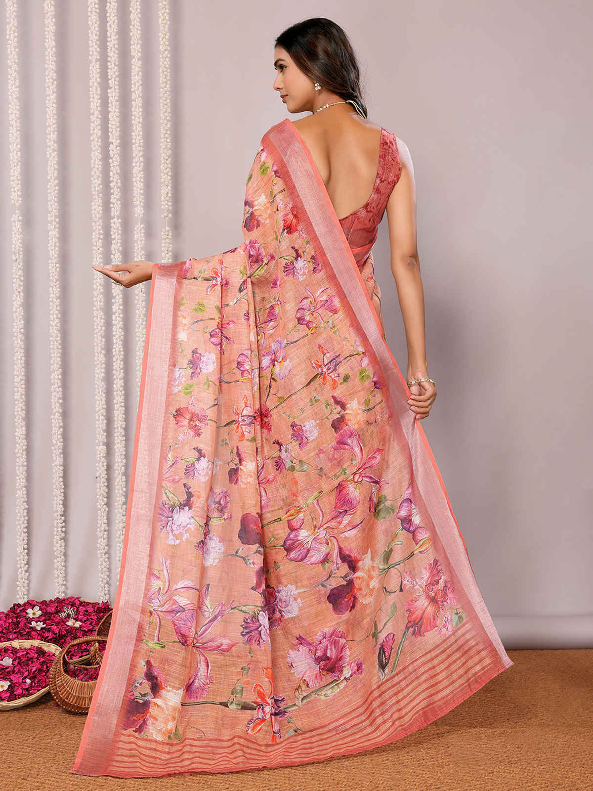 Janasya Women's Cotton Linen Floral Printed Saree with Blouse Piece | SAR452 | Peach