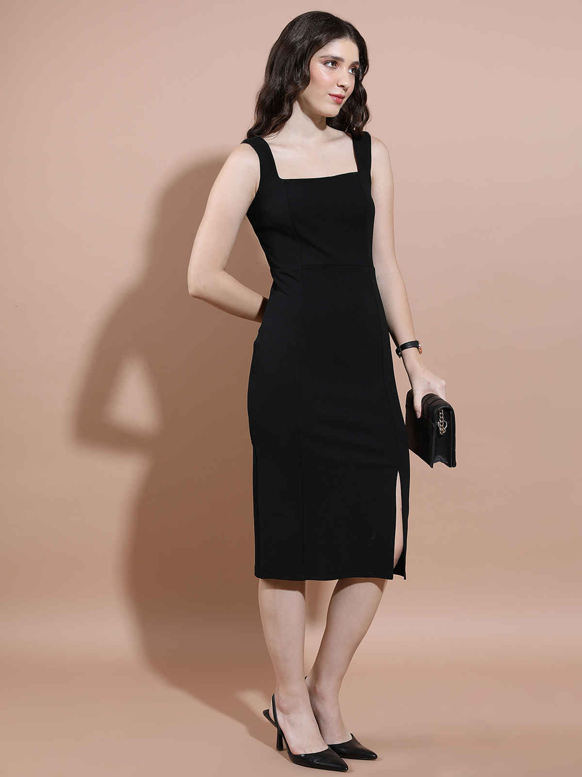 Tokyo Talkies Women Bodycon Black Knee Length Dress | Black - L