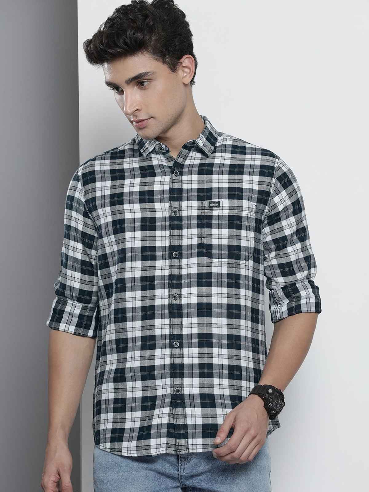 The Indian Garage Co Men's Slim Fit Checked Casual Shirt | Navy Blue - M