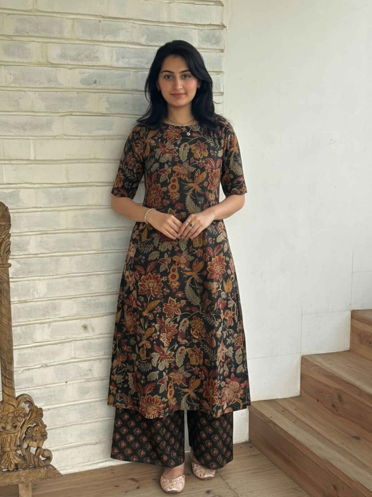 GoSriKi Women's Rayon Viscose Straight Printed Kurta with Palazzo | Vibhor Black | L