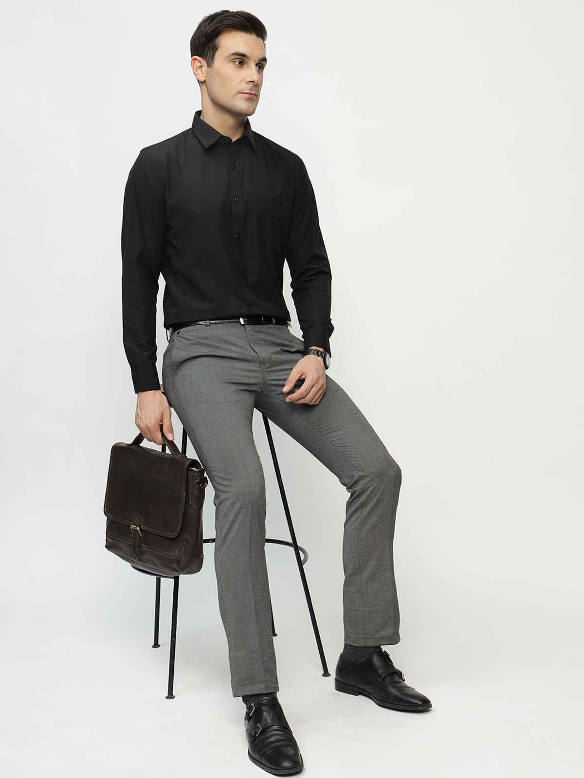 English Navy Men's Polyester Solid Slim Fit Formal Shirt | Black - L