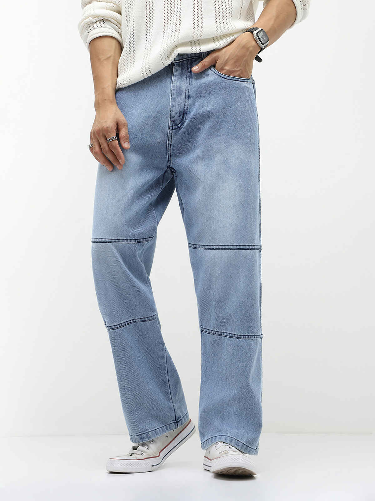 Urbano Fashion Men's Jeans Loose Baggy Fit Cut And Sew Panelled Non-Stretchable | Ice Blue | 34