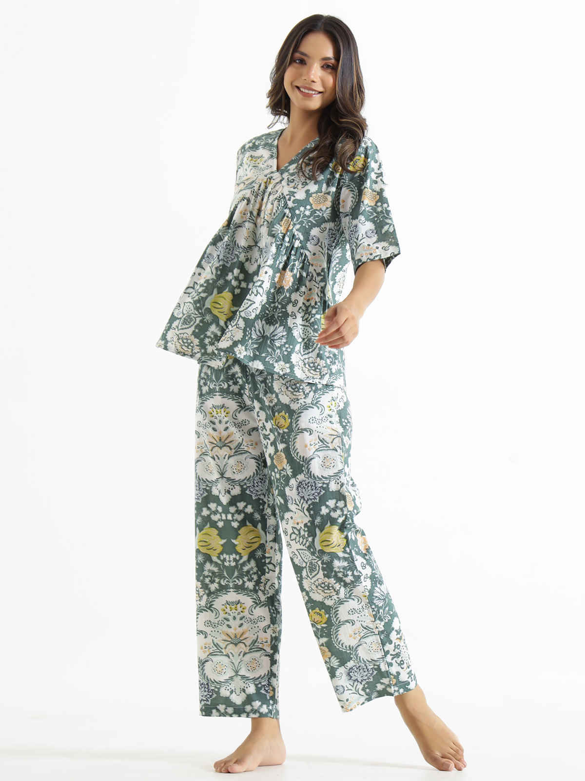 Sanskrutihomes Printed Pure Cotton Night Suit | Green - L
