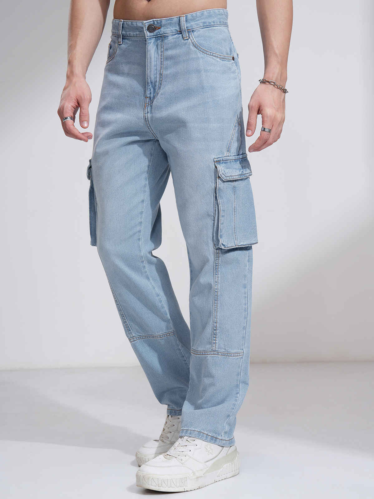 Highlander Men's Blue High Rise Straight Fit Cargo Jeans | Blue - 30