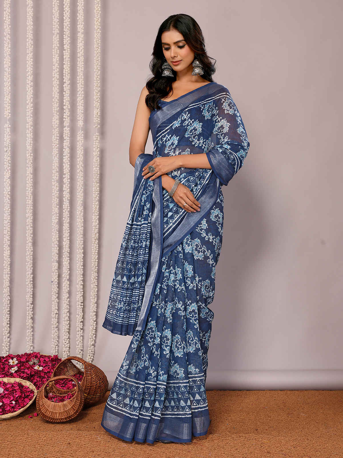 Janasya Women's Cotton Linen Floral Printed Saree with Blouse Piece | SAR444 | Navy Blue
