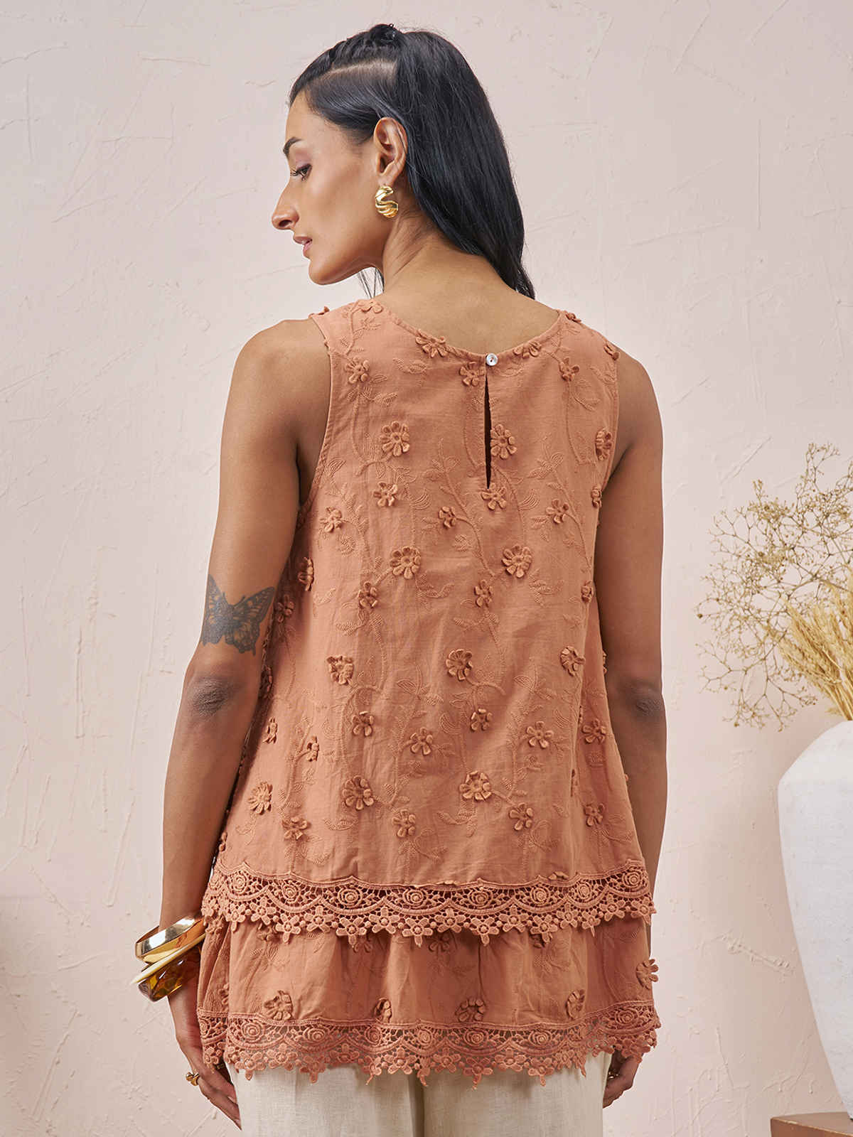 Vara By Vishudh Women's Otton 3D Embroiderd Top | Brown - XL
