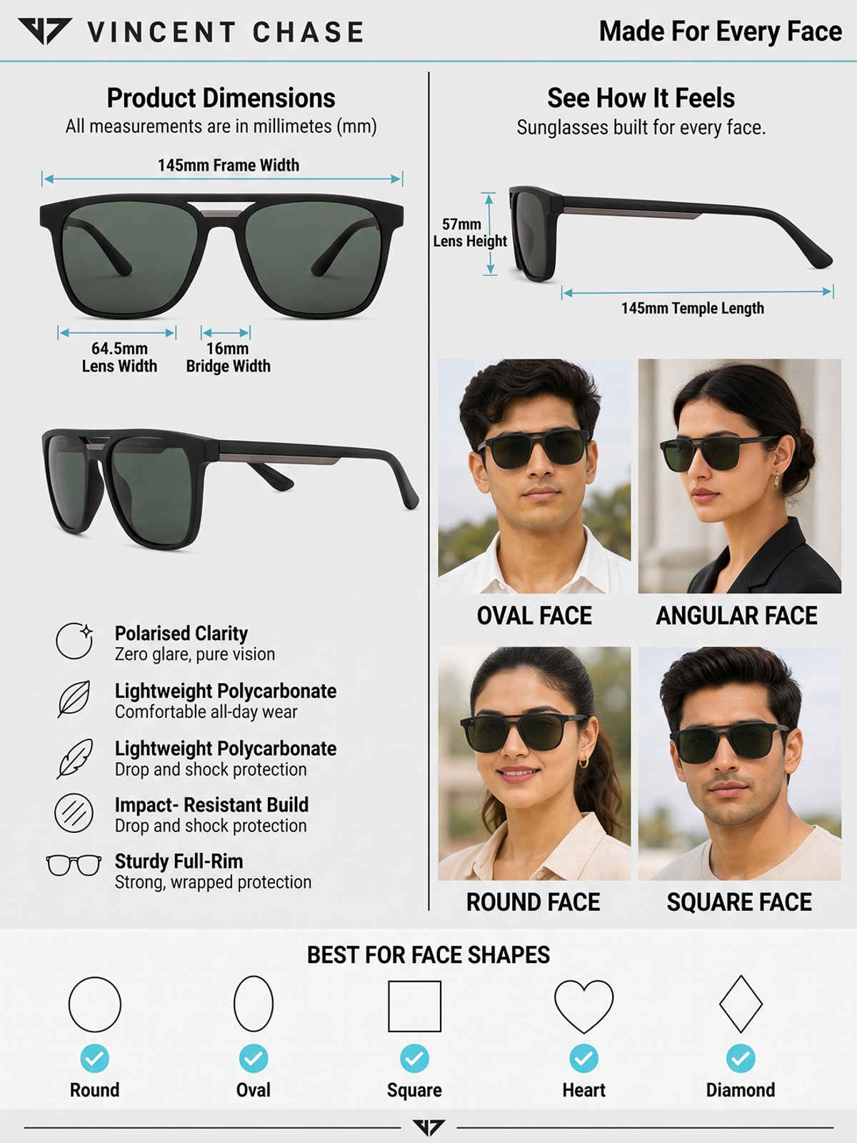 Vincent Chase By Lenskart Unisex Polycarbonate Wayfarer Sunglasses | Black - L
