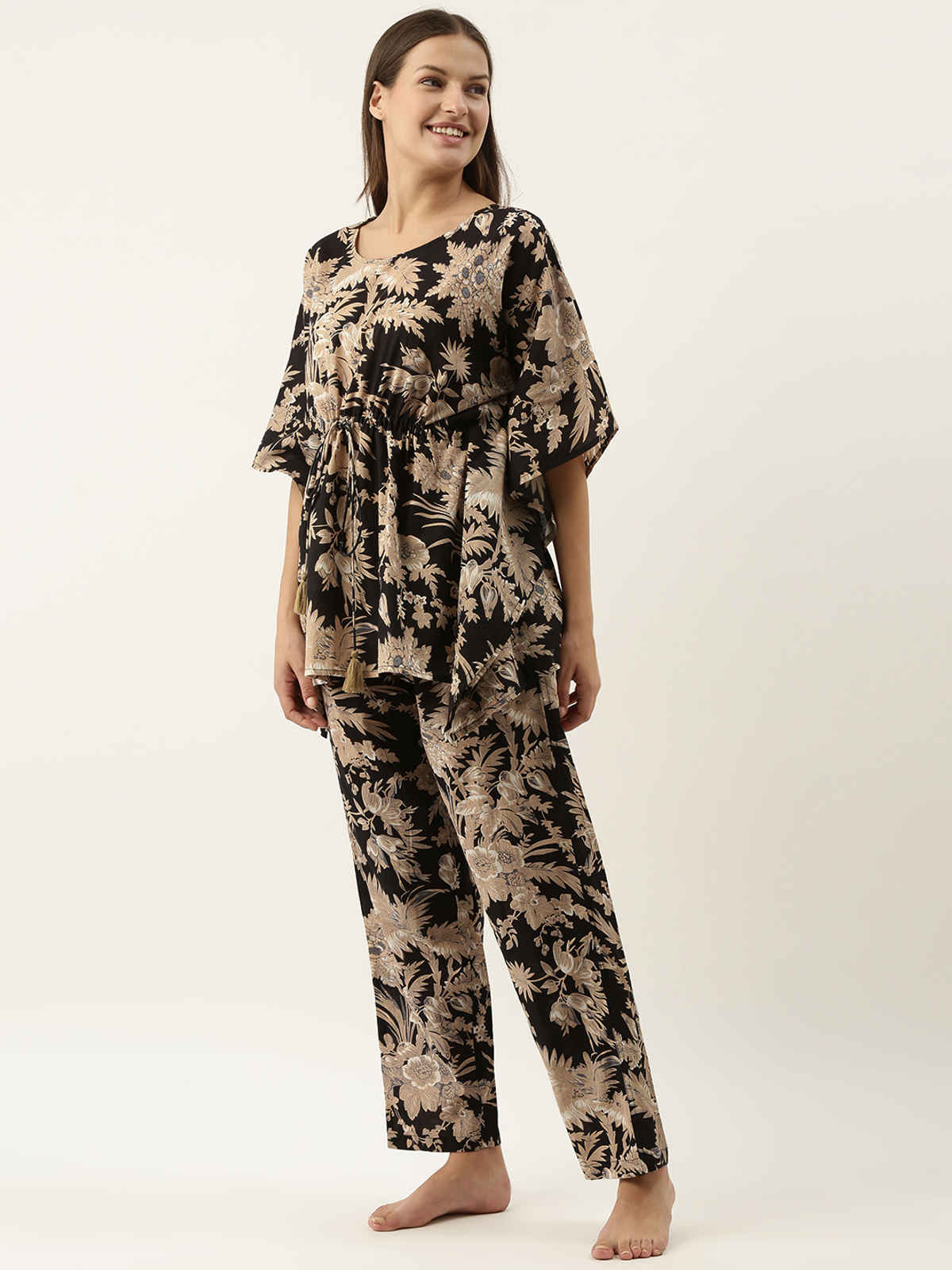 Sanskrutihomes Women's Pure Cotton Night suits | SE-KFP-001 | Black - S