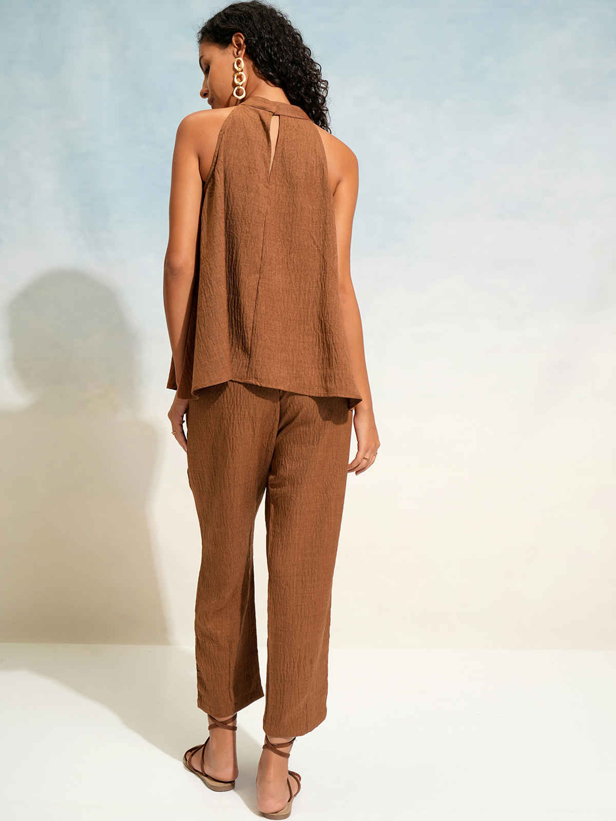 Tokyo Talkies Women's Solid Relaxed Top & Trouser Co-Ord Set | Brown - XL