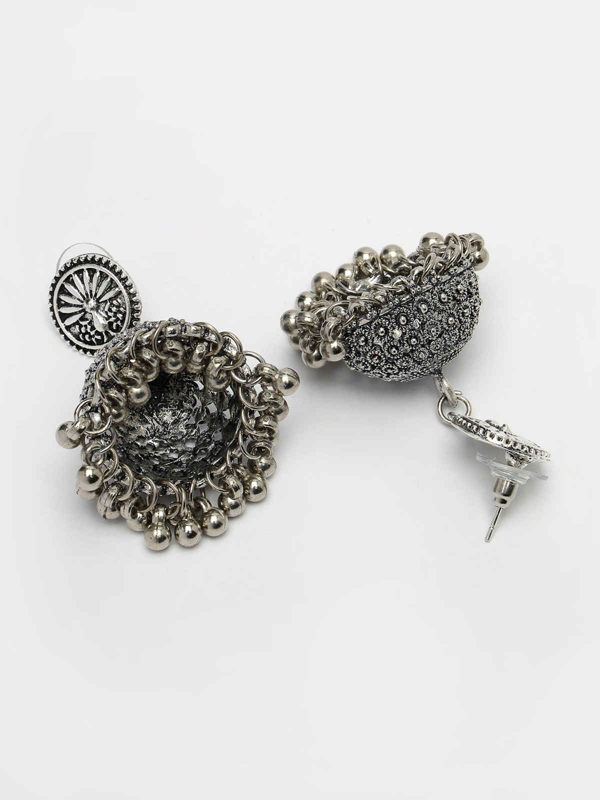 NVR Women German Silver Oxidised Dome Shaped Boho Chic Jhumka Earrings