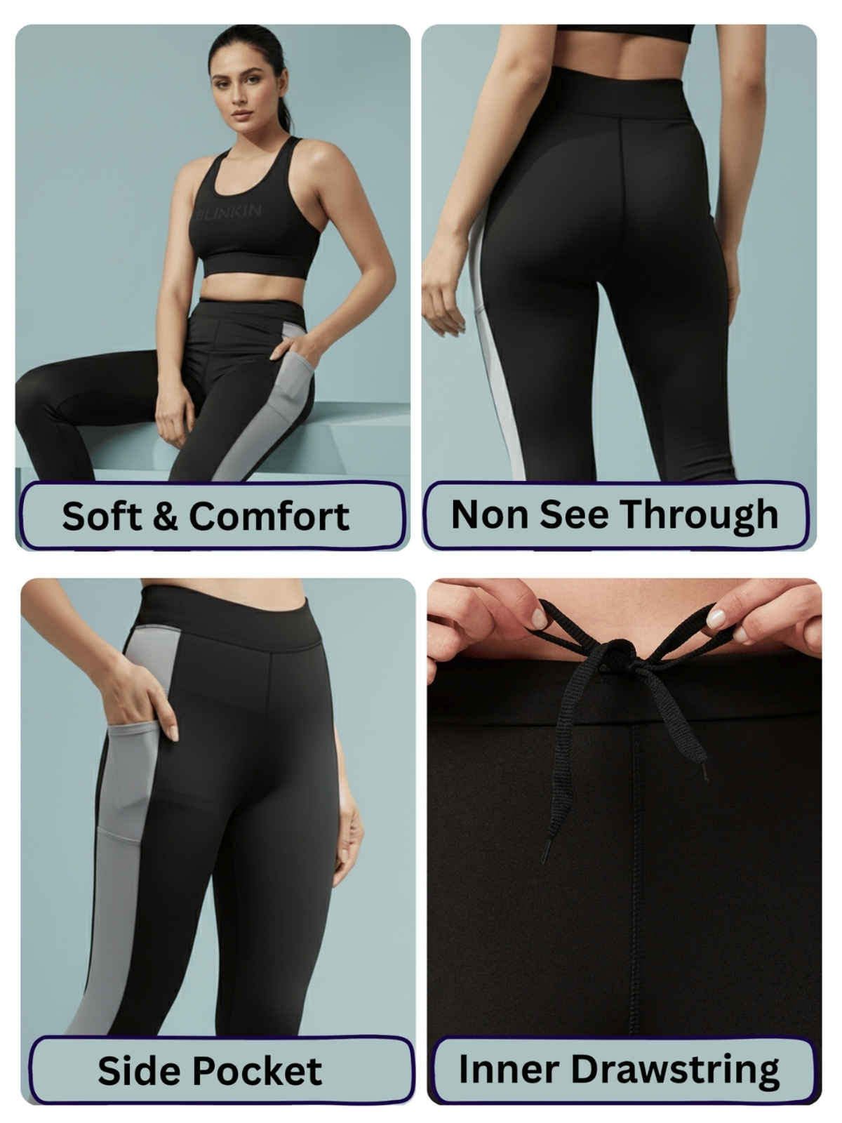 Blinkin Women's Gym Pants & Tights - Black | Grey | With Side Pockets | Ideal For Yoga | S
