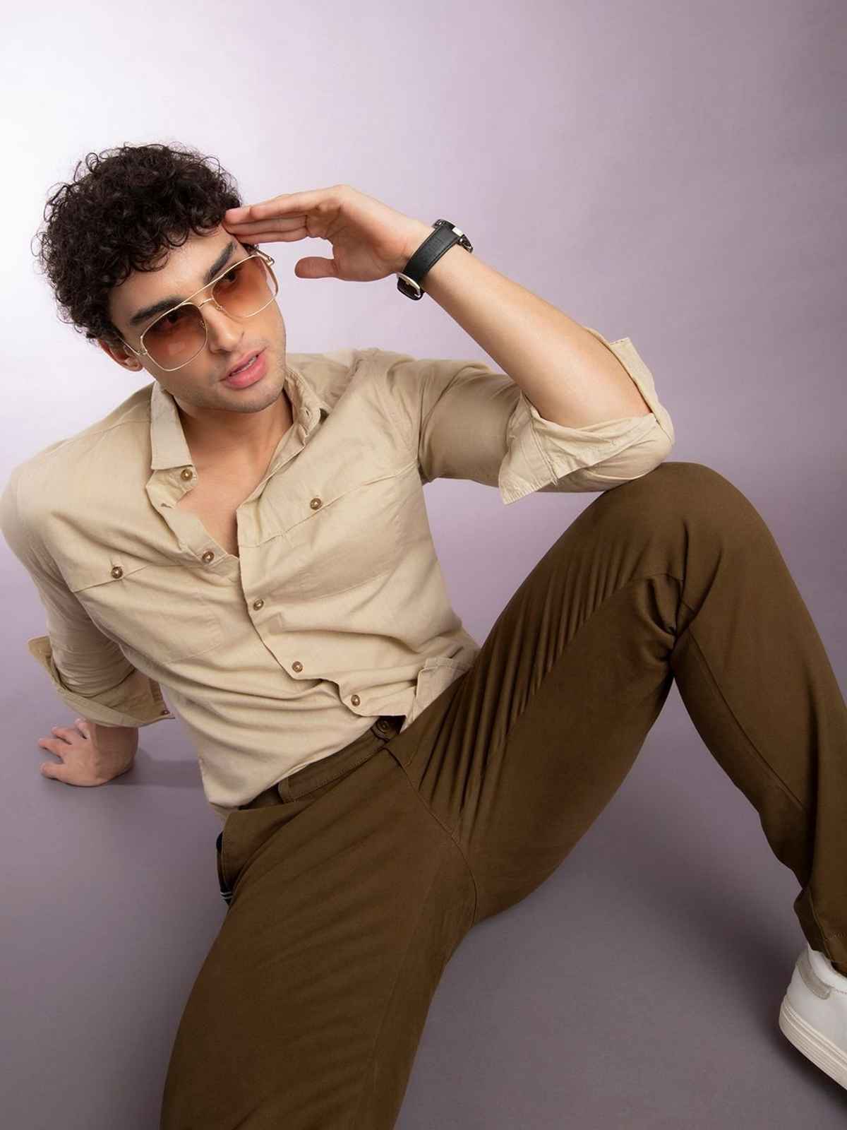 The Indian Garage Co Men's Slim Fit Solid Casual Shirt | Beige - S