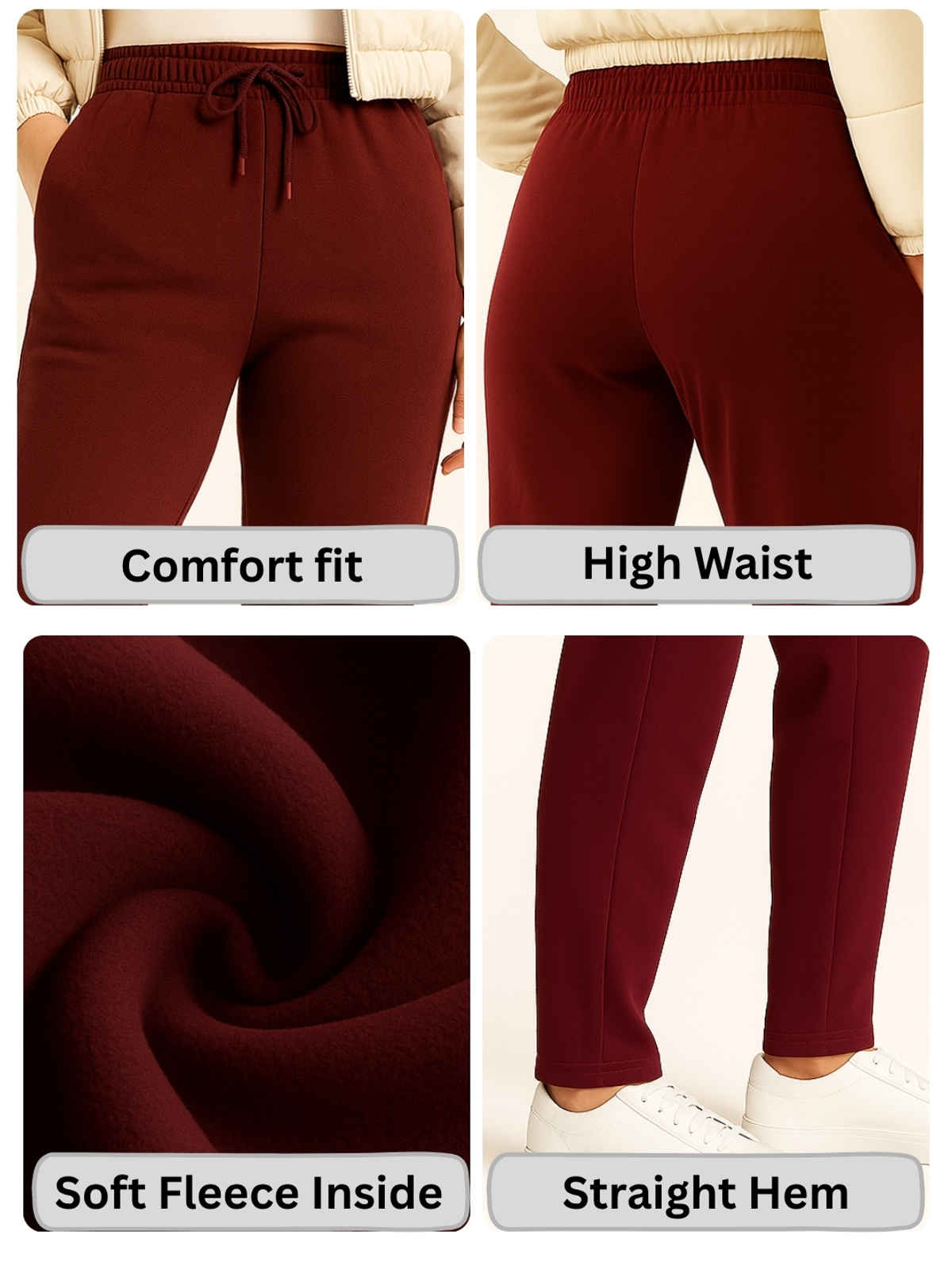 Blinkin Women's Fleece Trackpants | Warm Winter Joggers with Pockets | Maroon - M