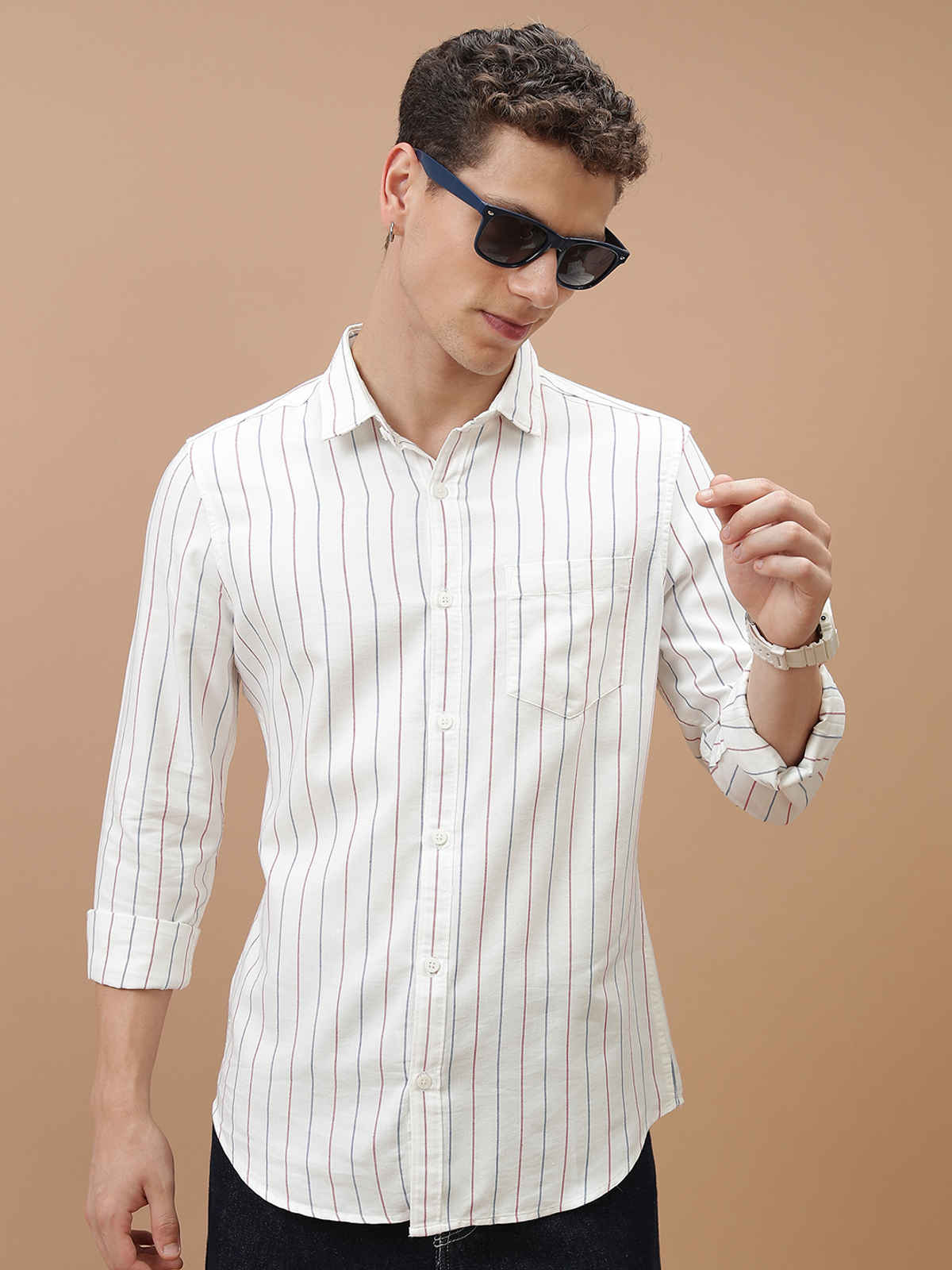 HIGHLANDER Men's Striped Slim Fit Opaque Cotton Casual Shirt | White, Blue and Red - S
