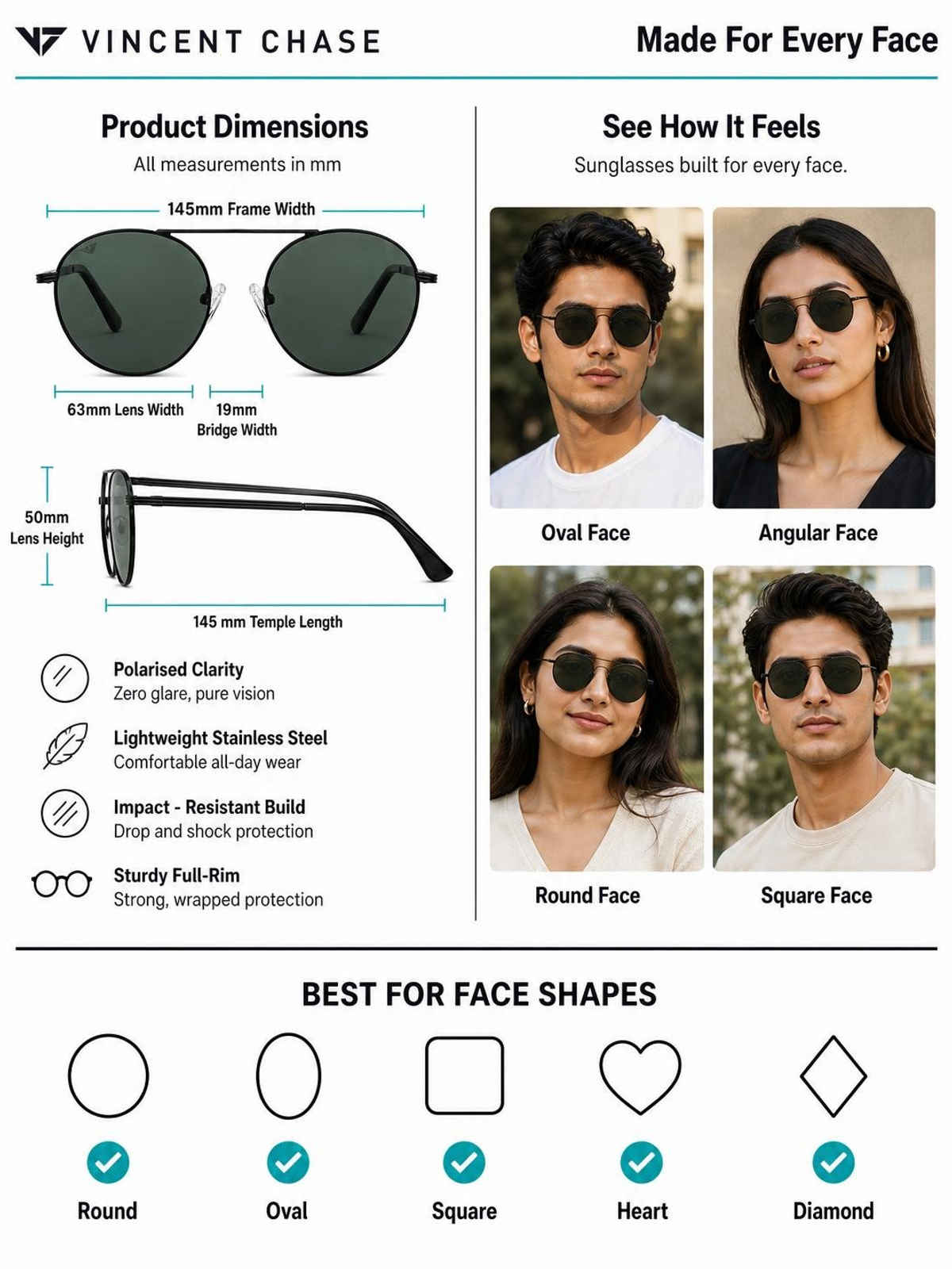 Vincent Chase By Lenskart | Polarized Sunglasses Full Rim |Unisex |Round | Small-132mm |Black Green
