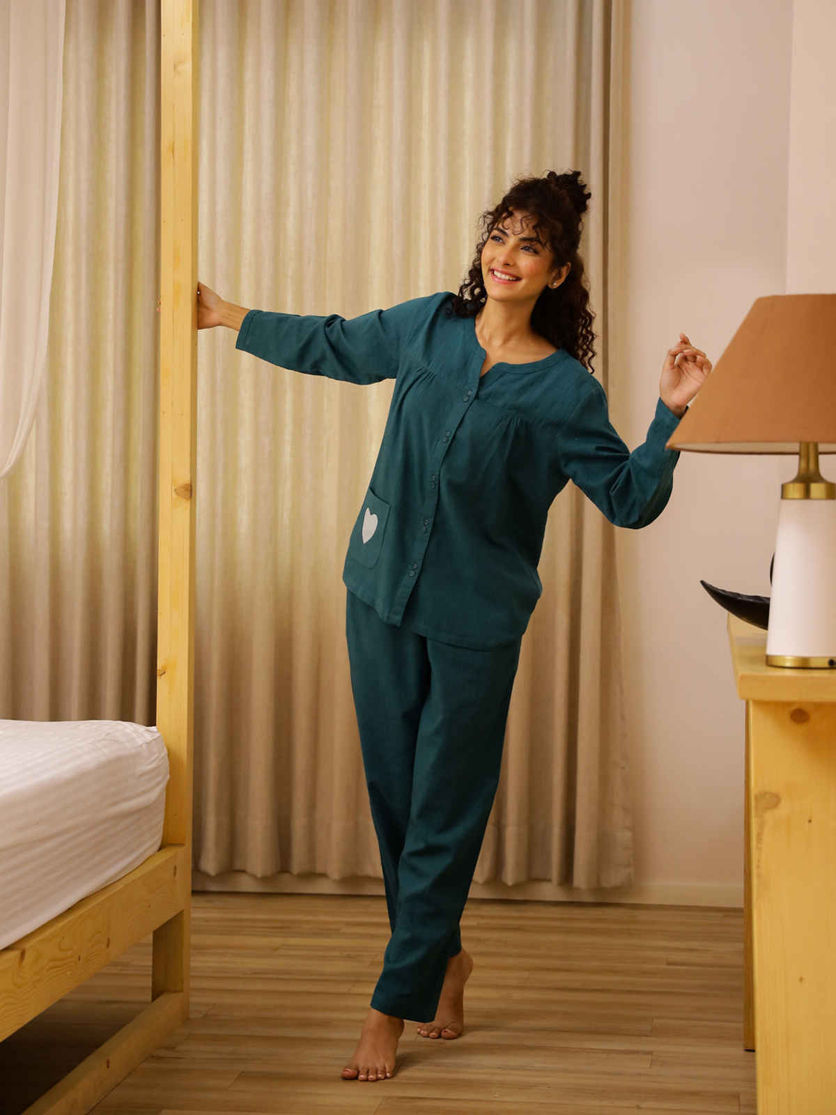 Sanskrutihomes Women's Pure Cotton Night suits | SE-NSP-707 | Teal - M