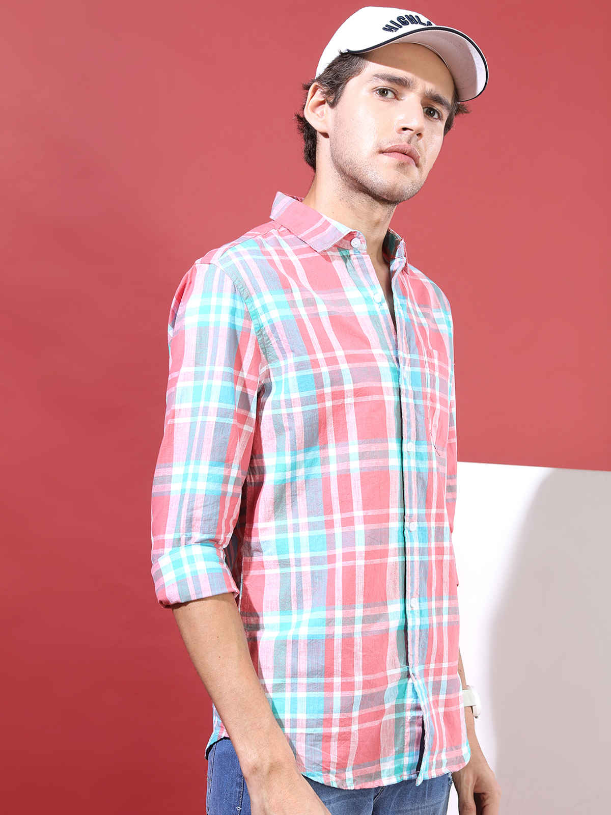 Highlander Men's Slim Fit Checked Casual Shirt - Coral and White | XL