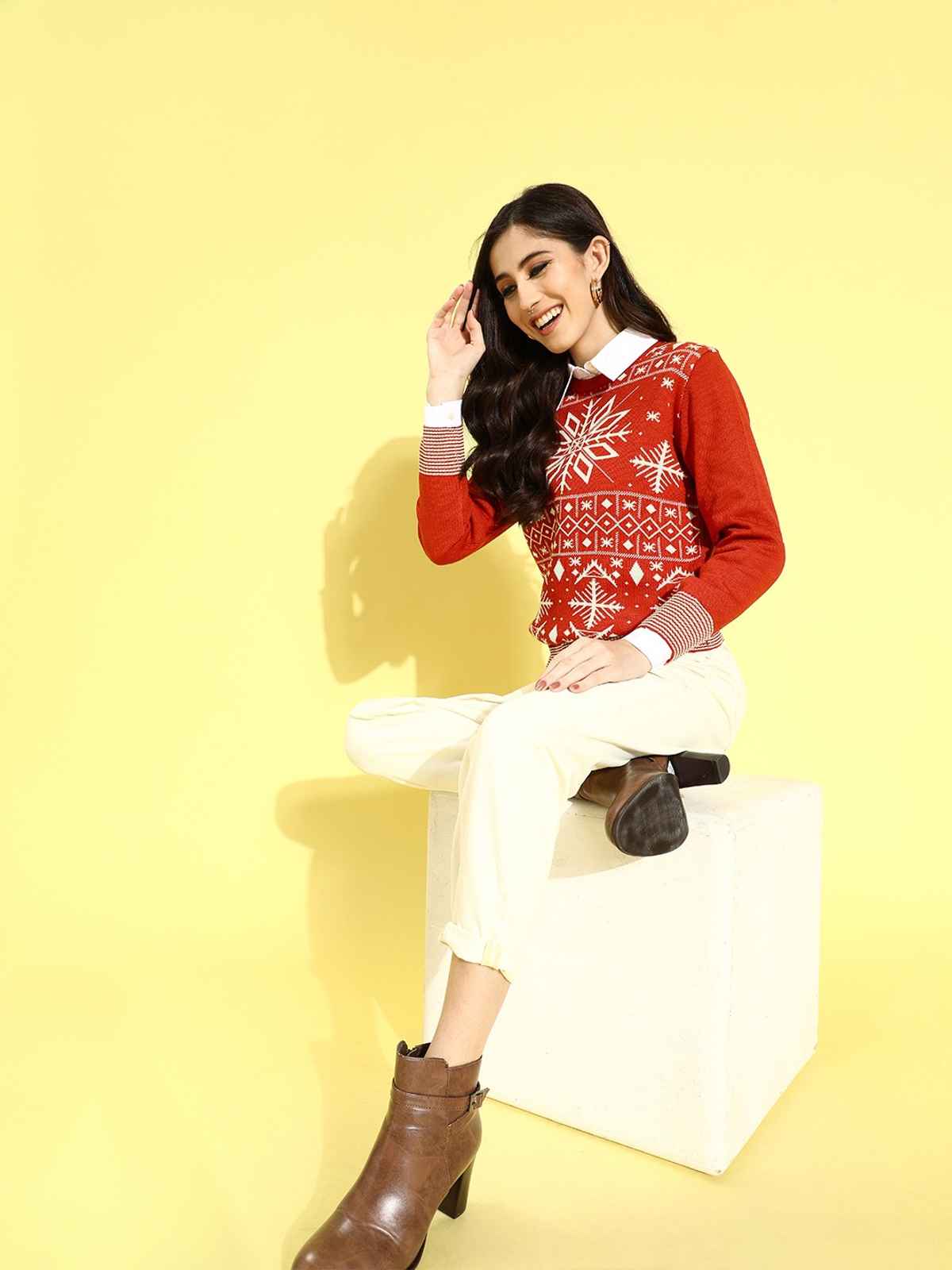 Style Quotient Women's Printed Christmas Pullover Sweater | AW21SQFFBETTY RW | Red - S