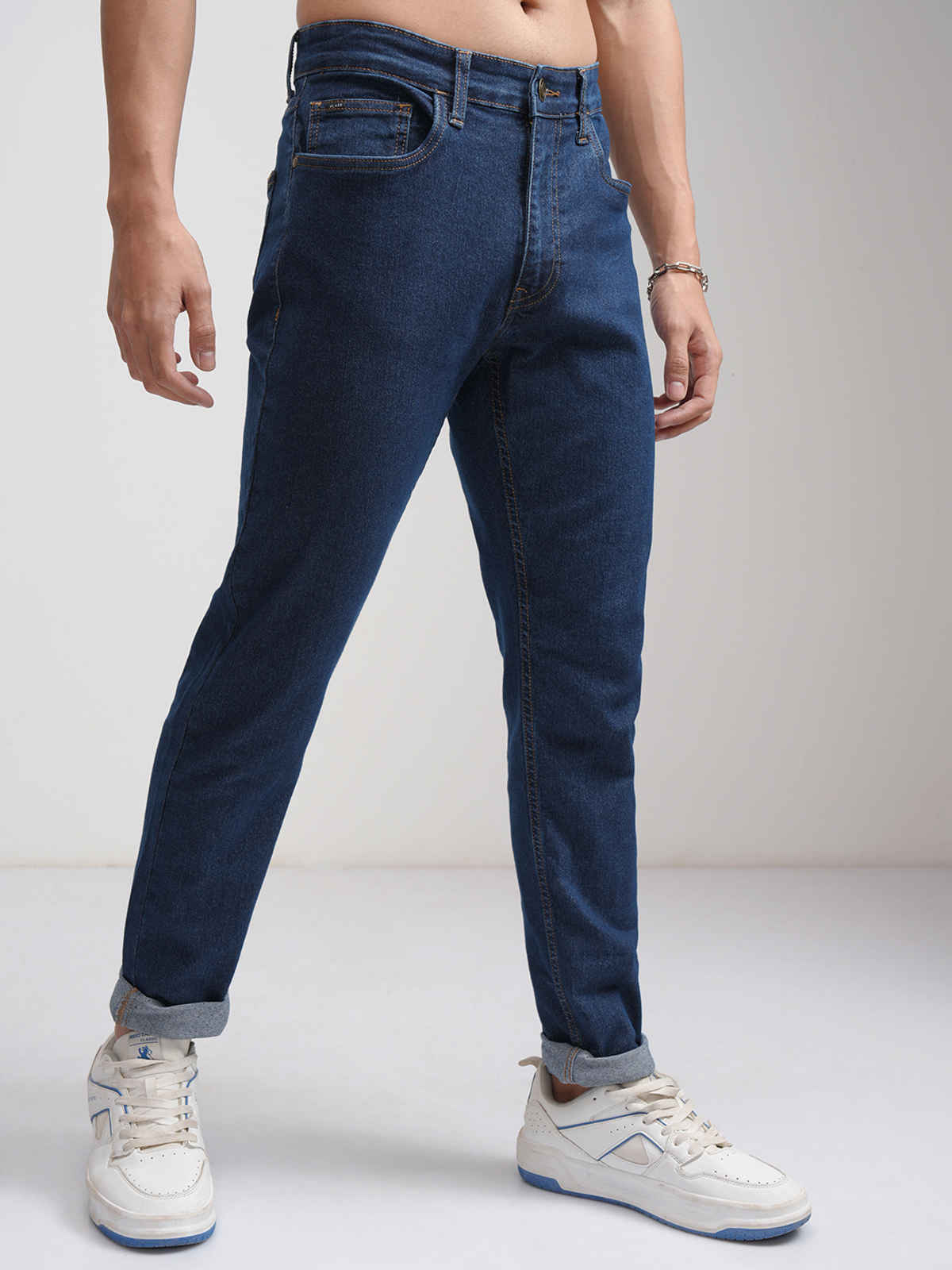 Highlander Men's Tapered Fit Clean Look No Fade Stretchable Jeans | Blue - 34