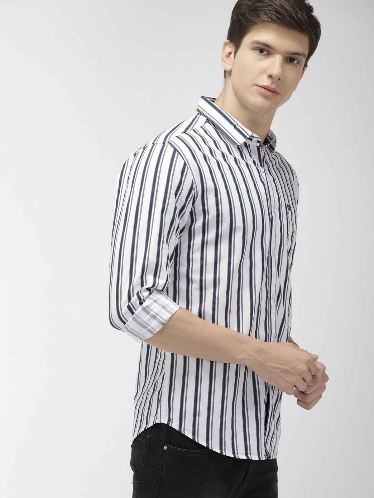 The Indian Garage Co Men's Slim Fit Multi Stripes Casual Shirt | White - 2XL